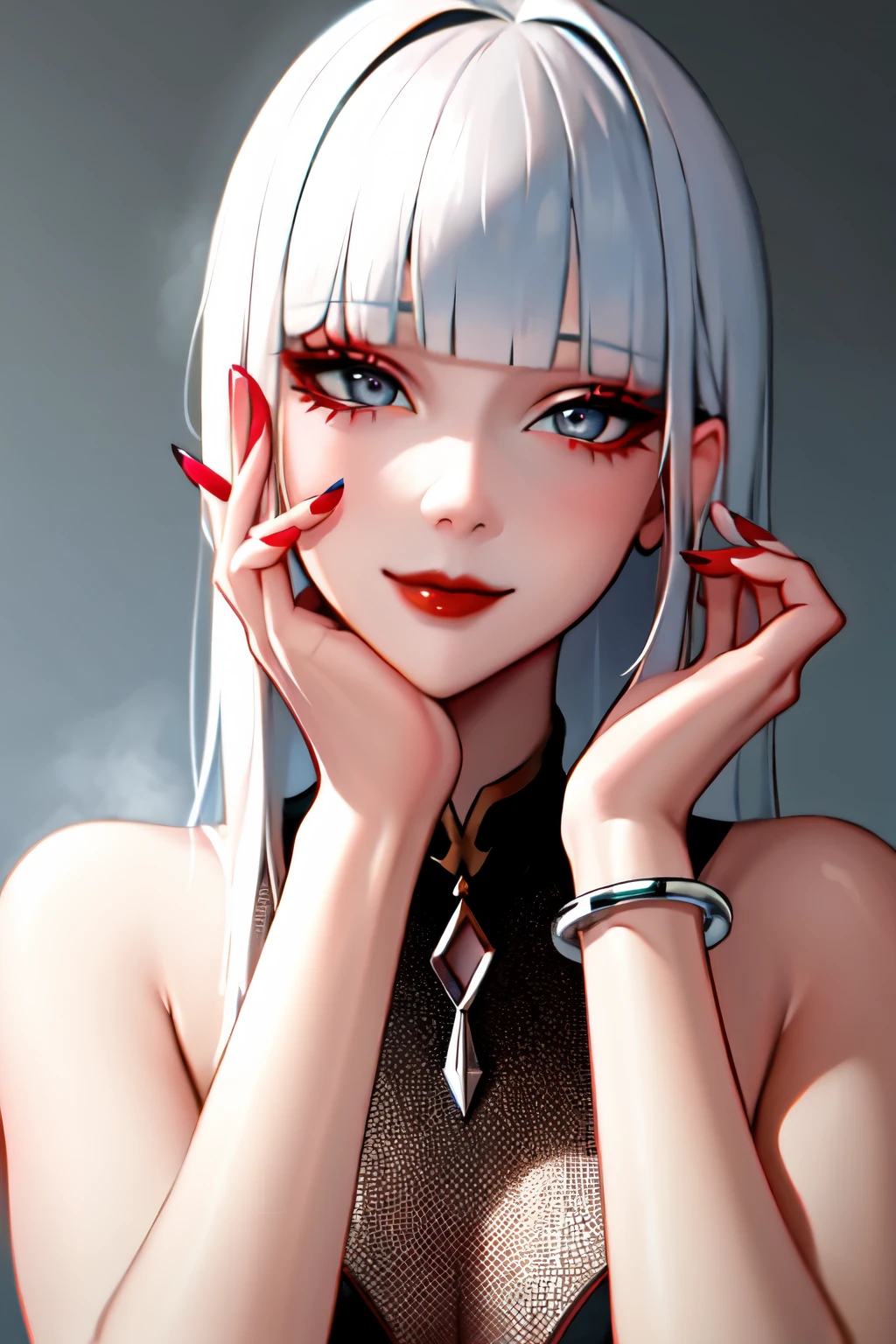 1girl, solo, long hair, looking at viewer, smile, blue eyes, hair ornament, white background, jewelry, white hair, closed mouth, blunt bangs, nail polish, bracelet, lips, grey eyes, portrait, red nails, close-up, red lips, hands on own face, hands on own cheeks,(mature female),(shiny skin),((steaming body))