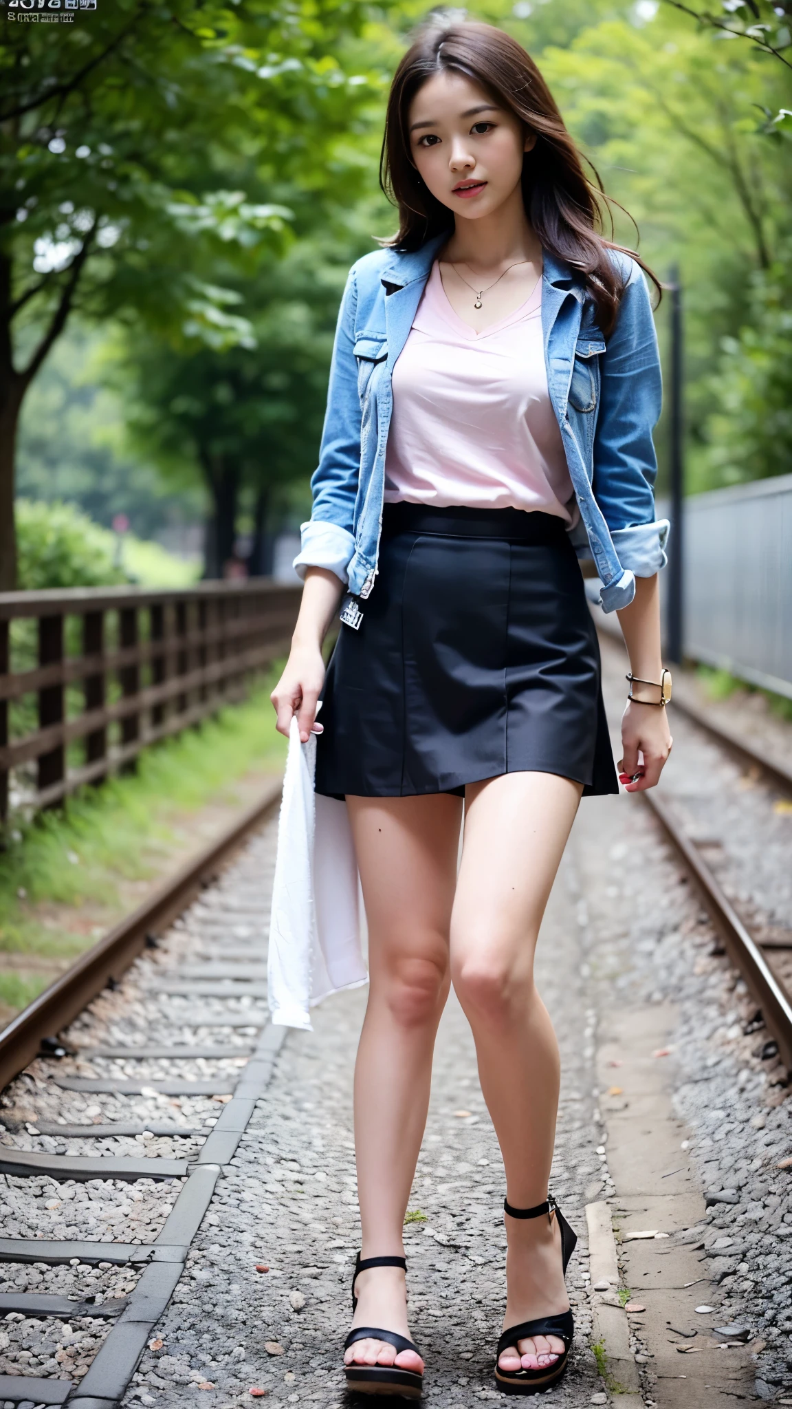 ((best quality)), ((masterpiece)), (detailed), perfect face, very big breasts, ultra high resolution, 8 thousand, perfect body, HUD, Ergonomic, slim legs, small face, long eyelashes, Sparkling pink lips, eye for detail, clean skin, blemish-free face, 20 year old woman, 1 woman, I can see your sexy pelvis, ((Please hold the hem of the skirt.:1.4)), brown wavy long hair, realistic, Highly Detailed CG Integrated 8 thousand Dendenden Wallpapers, Detail, High quality RAW color photos, professional photography, (8 thousand, RAW photos, best quality:1.2), under the blue sky, puffy clouds, very long railway, Gacha-gil, iron tracks on sleepers, ((Beautiful woman walking on the railway)), wearing sandals, V open t-shirt, short tailored jacket, jacket, mini skirt, Minidress, (german beautiful girl), German woman, long V-neck T-shirt, 
