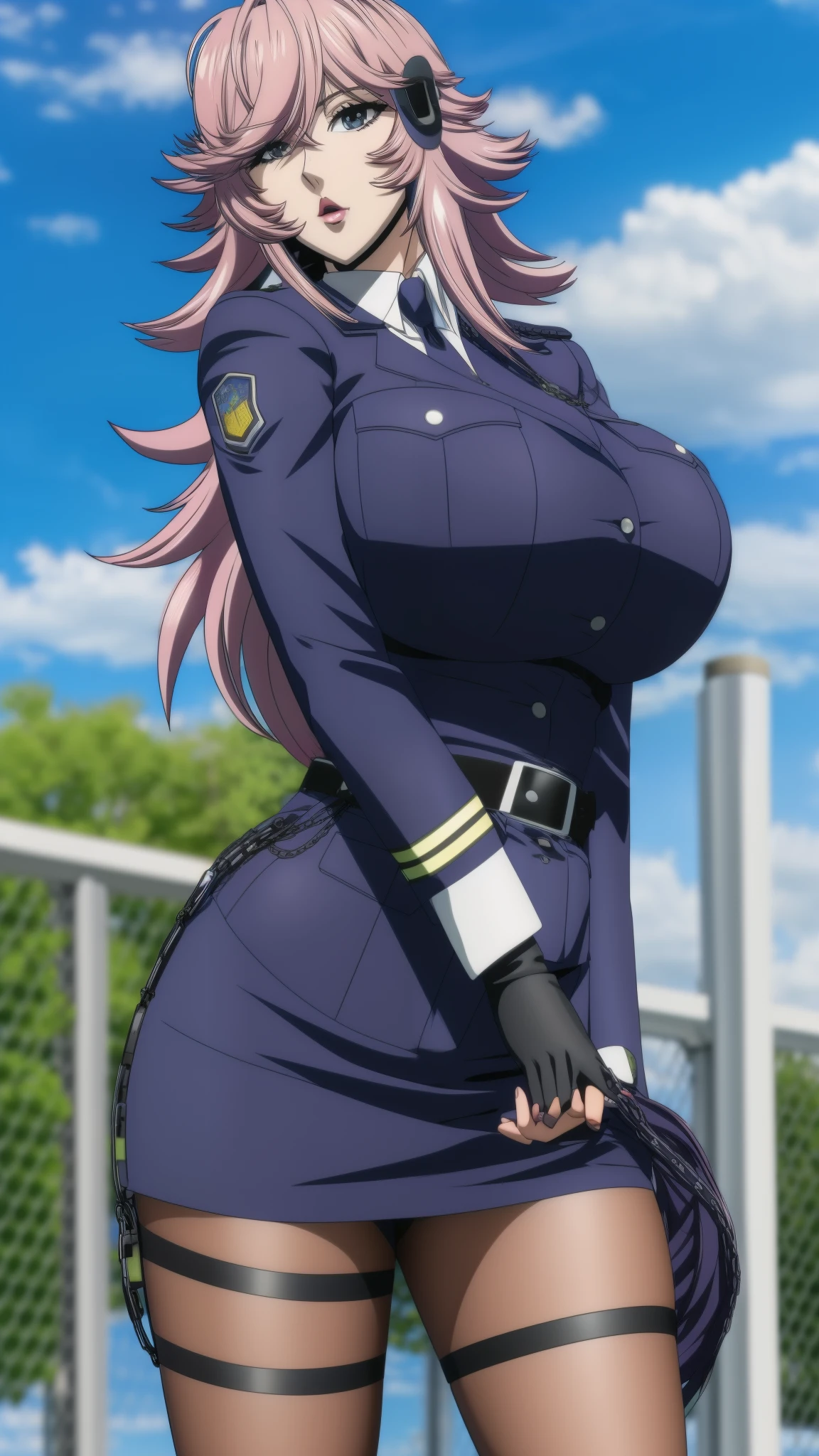 Yayoi_Kusakabe, 1girl, solo, holding, upper body, outdoors, sky, day, cloud, blue sky, phone, cellphone, fence, chain-link fence, anime coloring, big breast