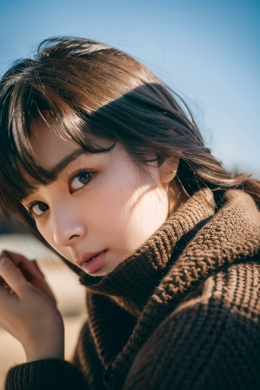 ((highest quality, 8K, masterpiece: 1.3)), woman (full body portrait, front, Wearing a long sweater, cleavage), seabird, Catch Pose, overhead camera, sharp focus: 1.2, cute woman: 1.4, highly detailed face、skin、hair texture, detailed eye, double eyelid, 白いskin, beautiful and delicate nose, かわいい若い日本のwoman, at a dynamic angle, eyeに心地よく、Thought-provoking composition, Emphasize the subject's hair, eye, words and actions, While creating a melancholy feeling characterized by calm tones and contrast between light and shadow.,