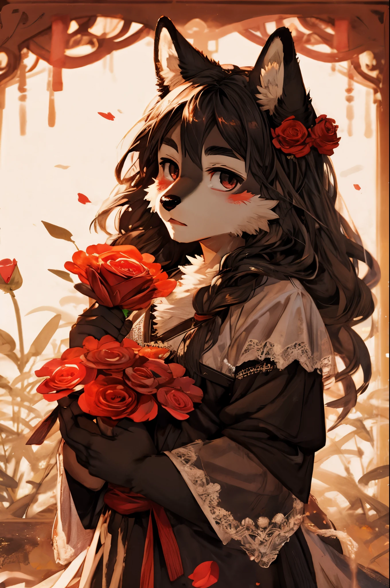 cover page, marriage information magazine, Watercolor elements, 1girl, kemono, furry, detailed body fur, animal face, animal hand, cute girl holding a red rose and looking at viewer,
