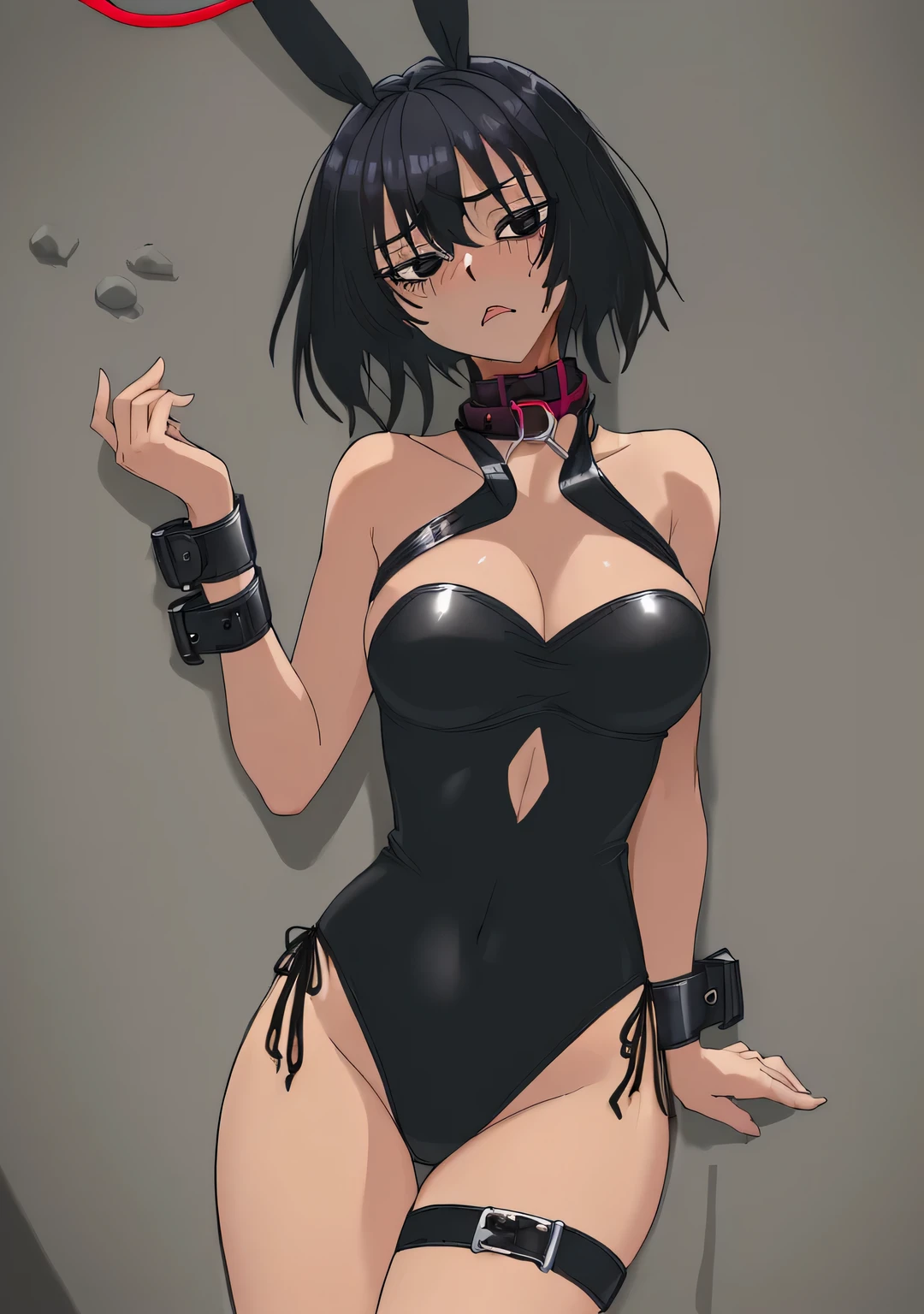 ((collar,leash,tied up,bondage,scared expression)),black hair,black eyes,(bikini)