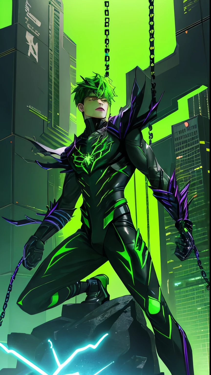 Masterpiece, HD, 3D, Realistis, 1 boy, Straight hair, Green and black cyber costume, neon, perfect lightning, Holding a Barbed Chain, Spider Venom Theme, futuristic Building