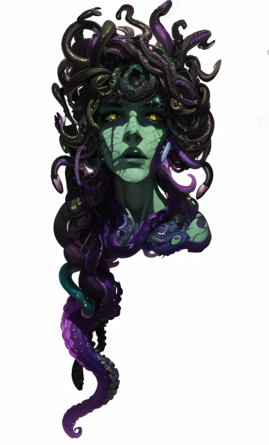 perfect front view, frontal portrait, looking at the camara (best quality,4k,8k,highres,masterpiece:1.2),ultra-detailed,(realistic,photorealistic,photo-realistic:1.37),portraits,medusa the gorgon,upper half portrait,scaly skin,snakes and tentacles for hair, yellow eyes in hair,hypnotic eyes,pale complexion,green and purple tentacles,slithering snakes for hair,intense gaze,flat white background,vivid colors,sharp focus,ethereal beauty,mythological creature,detailed facial features,goddess-like appearance,dark and mysterious,striking contrast,horrifying yet captivating, looking at the camara, perfect front view