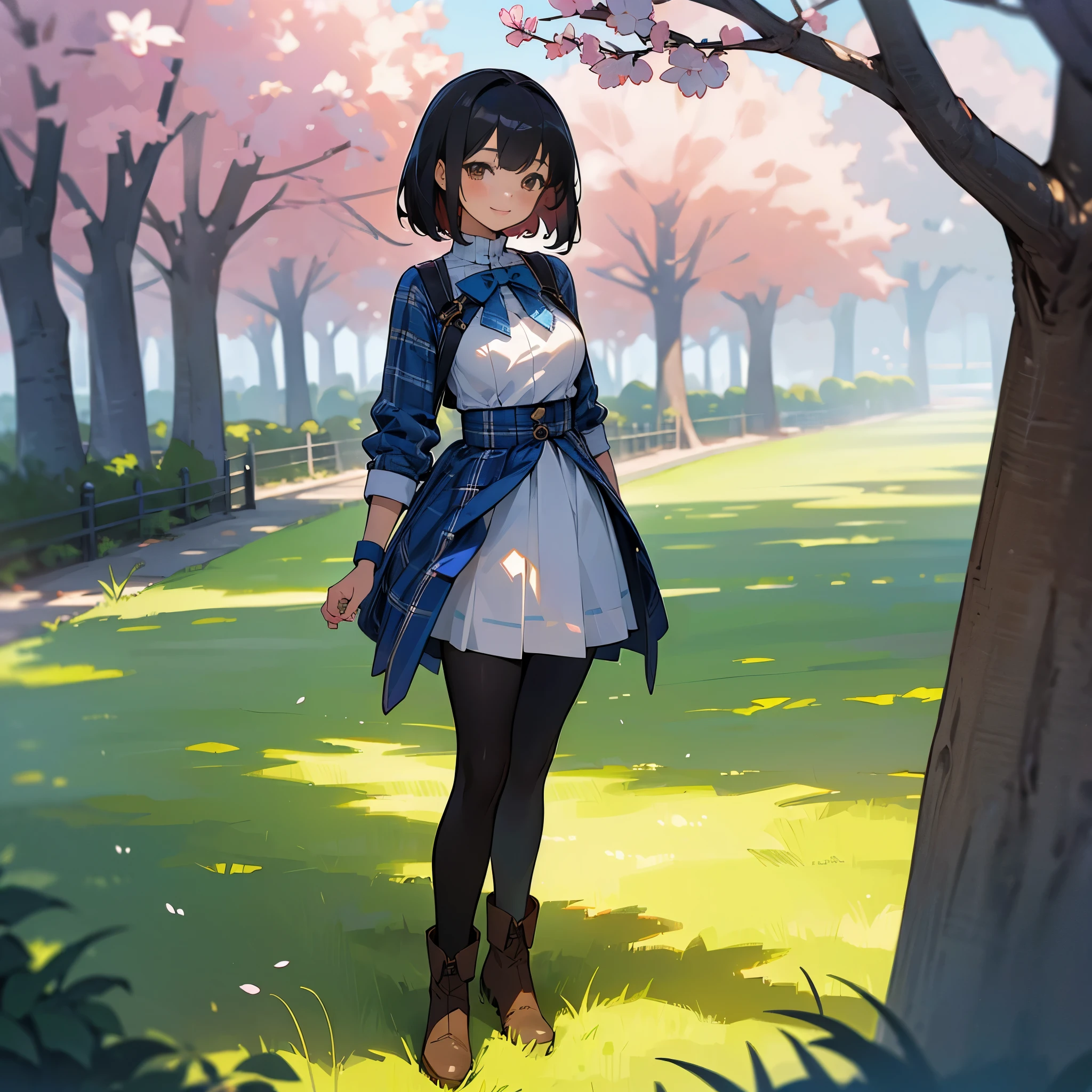 (high quality, High resolution, Super detailed, reality:1.37), peaceful atmosphere, (outdoor, garden ,Cherry tree), teenage girl standing alone, (my breasts are big.), Beautiful detail features, cute smile, (black bob hair), ribbed sweater, blue plaid skirt, black tights, brown boots.
