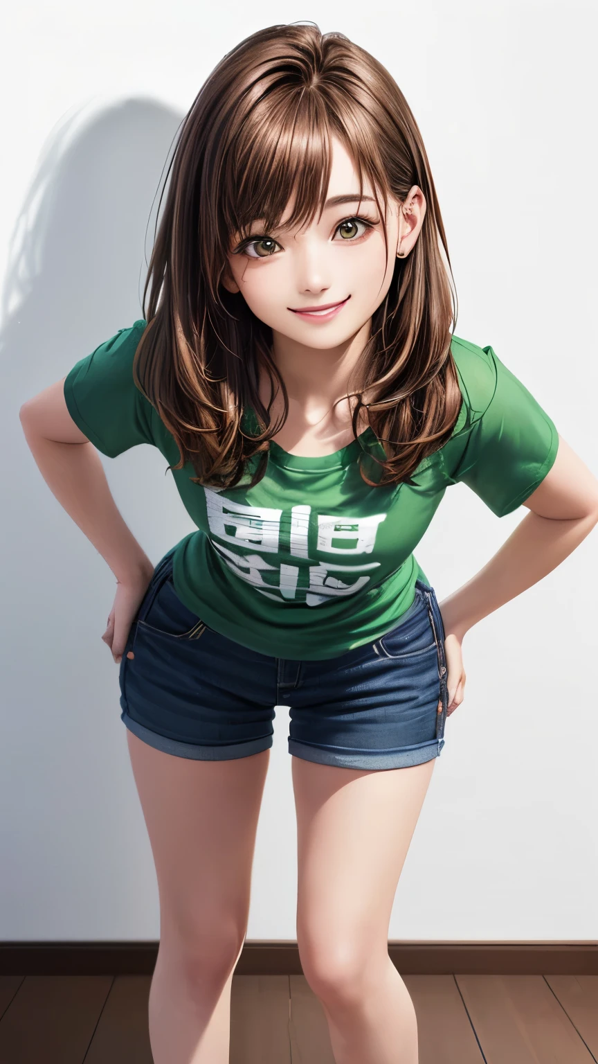 (highest quality、8K、32k、masterpiece)、(realistic)、(Photoreal:1.2)、(High resolution)、Super detailed、very beautiful face and eyes、1 girl、round and small face、thin waist、delicate body、(highest quality、high detail、Rich skin details)、(realistic、realistic:1.37)、bright colors、(((brown hair)))、(((full body shot)))、(((medium hair)))、(((It&#39;s a stylish hairstyle)))、(((pure white wall background)))、(((pure white wall background)))、(((I&#39;m smiling)))、(((Wearing a green T-shirt)))、(((English characters are written on the front of the T-shirt)))、(((brown hair)))、(((put your hands on your hips)))、(((leaning forward)))、