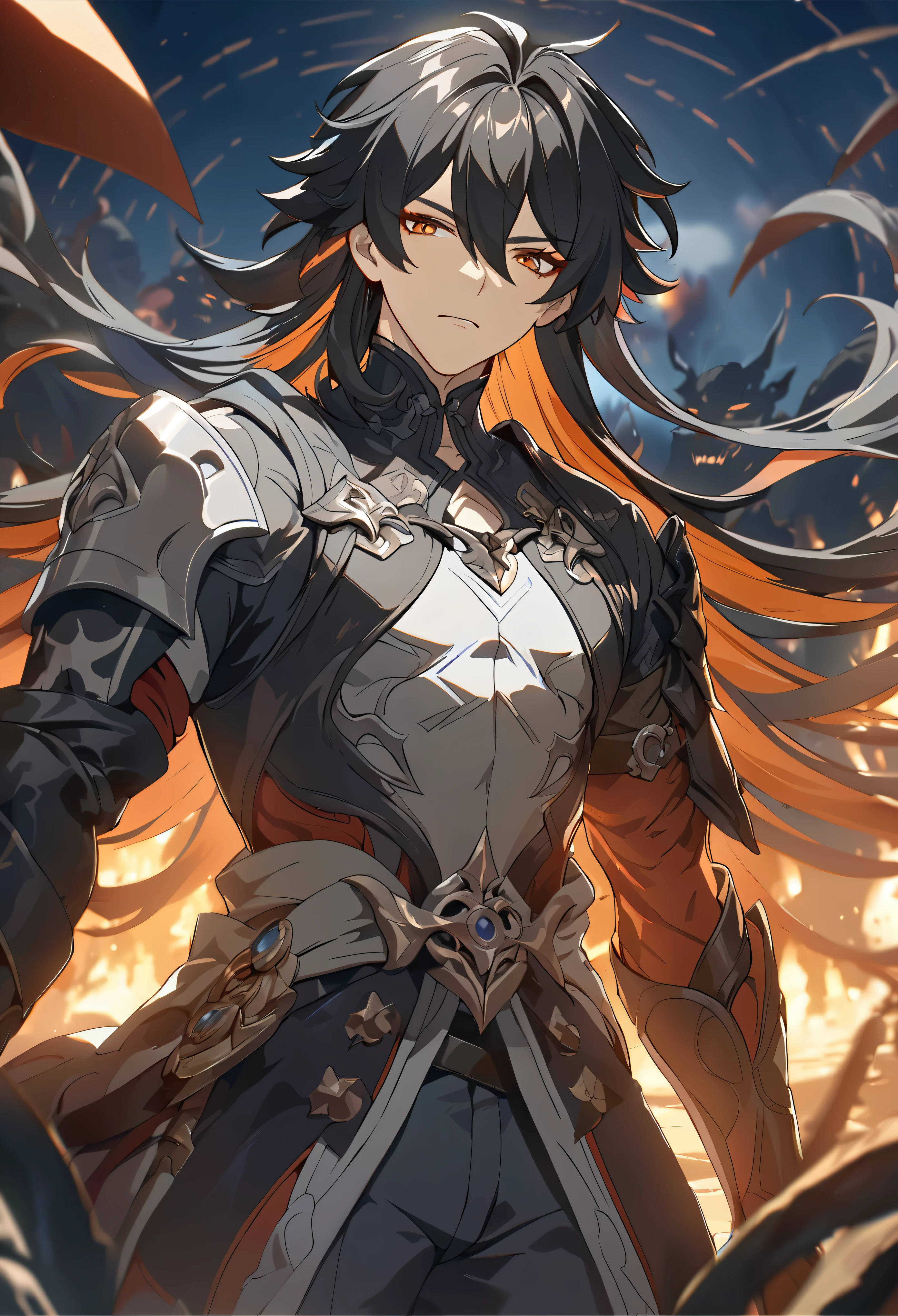 ((solo)), (man), dark orange eyes, black hair, very long hair, messy hair, dark orange colored inner hair, a close up of a person with a sword in a desolate land surrounded by demons and monsters, a burning battlefield, detailed key anime art, honkai star trail character, casimir art, masamune shiro, masamune, handsome guy in demon slayer art, genshin, heise jinyao, shadowverse style, (no logos), DOOM hell, black powers, red infernal scenery, detailed clothes, eye reflection, depth of field, cinematic lighting, ray tracing, depth of field, cinematic lighting, ray tracing, UHD, high details, best quality, highres, high quality, award winning, super detail, masterpiece, 8k, UHD, high details, best quality, highres, high quality, award winning, super detail, masterpiece, 8k, digital art, anime coloring