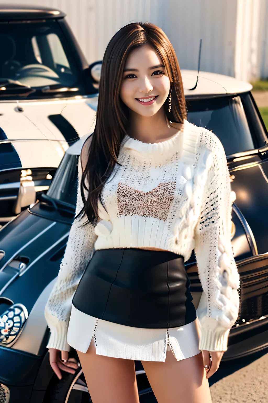 masterpiece, highest quality, Photoreal, Super detailed, finely, High resolution, 8k wallpaper, Professional, Advanced level of detail, ((A 20-year-old posing next to a sports car:1.2)), slender Japanese woman,, detailed clavicle, Medium chest、(perfect beautiful face:1.5), Front facing、((White sweater and black mini skirt:1.5)), (chestnut hair、1.8)、(black long boots:1.2)、cute face、(gentle smile:1.5)、(full body shot:1.5)、(brown skin:1.5)