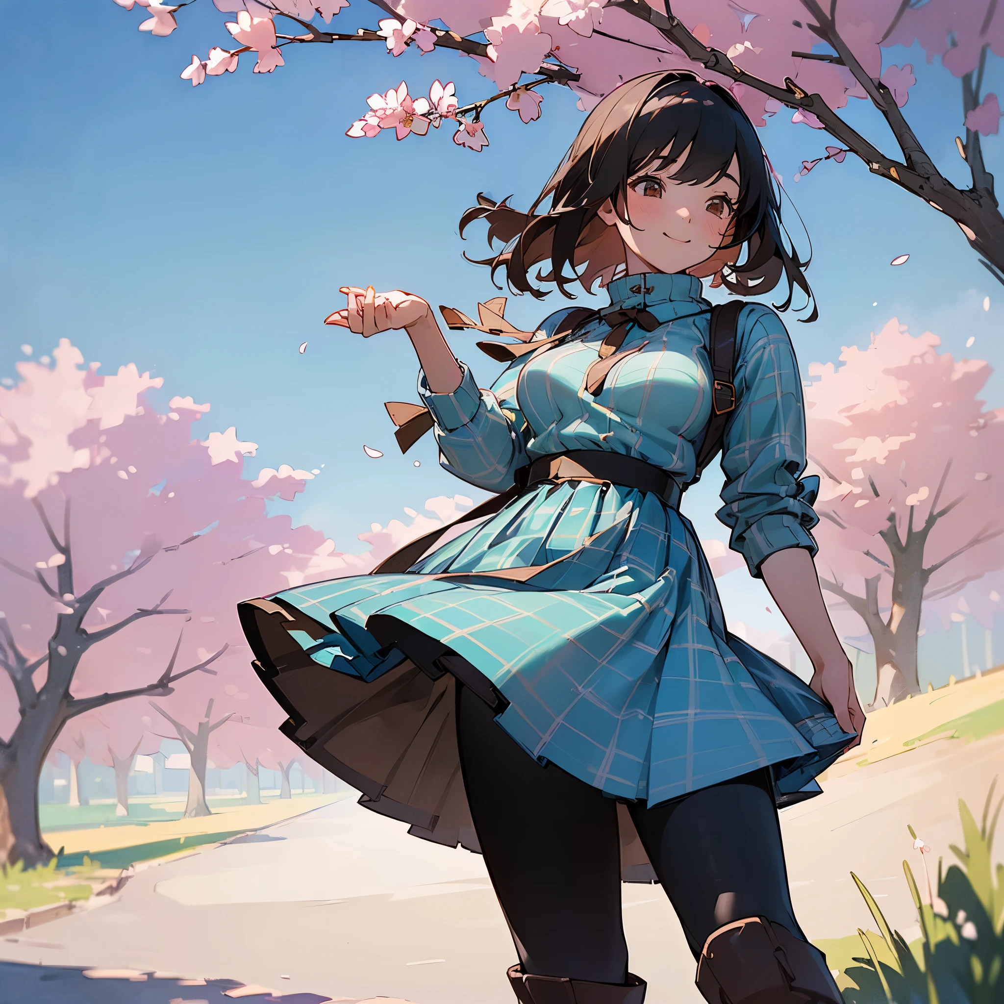 (high quality, High resolution, Super detailed, reality:1.37), peaceful atmosphere, (outdoor, garden ,Cherry tree), teenage girl standing alone, (my breasts are big.), Beautiful detail features, cute smile, (black bob hair), ribbed sweater, blue plaid skirt, black tights, brown boots.