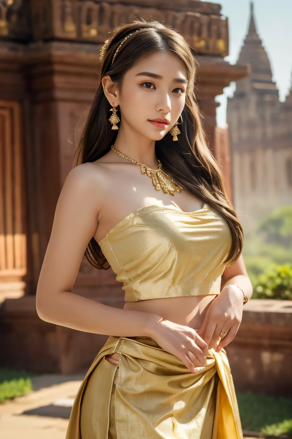 A beautiful young woman of Tai Khun descent, adorned in a meticulously crafted Keng Tong Tai Khun traditional outfit, stands gracefully against the backdrop of the majestic Bagan temples. Her attire shimmers with intricate embroidery and gold accents, each element carefully chosen to reflect the rich cultural heritage of her people.
Details:
Facial features: The woman's face is radiant and youthful, with delicate features and captivating eyes that sparkle with warmth and intelligence. Her hair is styled in a messy bun adorned with fresh flowers and secured with a gold pin, adding a touch of elegance and whimsy.
Traditional outfit: The Keng Tong Tai Khun outfit is a top tank style masterpiece of craftsmanship, featuring vibrant silks, intricate embroidery, and delicate gold embellishments. The long, flowing skirt cascades gracefully around her legs, while the fitted bodice accentuates her slender figure. A traditional headdress adds a regal touch to her ensemble.
Accessories: The woman's beauty is further enhanced by a dazzling array of traditional jewelry. Bangle bracelets encircle her wrists, a statement necklace adorns her neck, and delicate earrings dangle from her ears. Each piece is intricately crafted and adds a touch of luxury to her overall look.
Bagan temples background: The ancient Bagan temples provide a breathtaking backdrop for the portrait. Their weathered brickwork and towering spires add a touch of grandeur and mystery to the scene. The warm hues of the sunrise or sunset bathe the temples in a golden glow, creating a truly magical atmosphere.