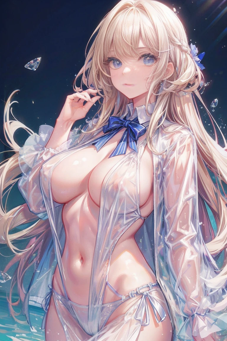 (best quality, high resolution, actual), portrait, Elegant and mature woman, blue eyes,blonde hair, Big breasts, transparent shirt, see through nipples, Super detailed CG 8k, Beautiful CG, soft light，Navel exposed，pink nipples
