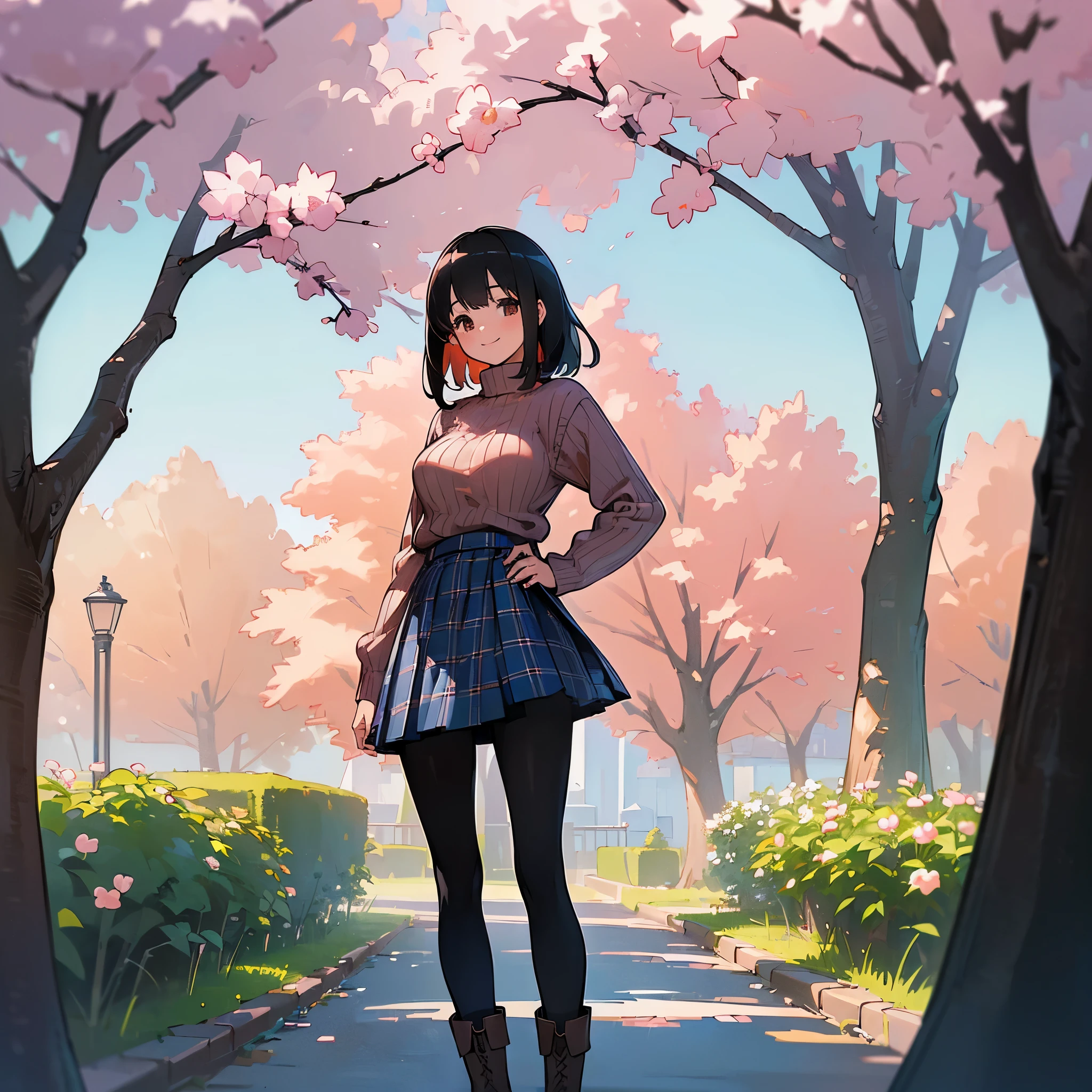 (high quality, High resolution, Super detailed, reality:1.37), peaceful atmosphere, (outdoor, garden ,Cherry tree), teenage girl standing alone, (my breasts are big.), Beautiful detail features, cute smile, (black bob hair), ribbed sweater, blue plaid skirt, black tights, brown boots.
