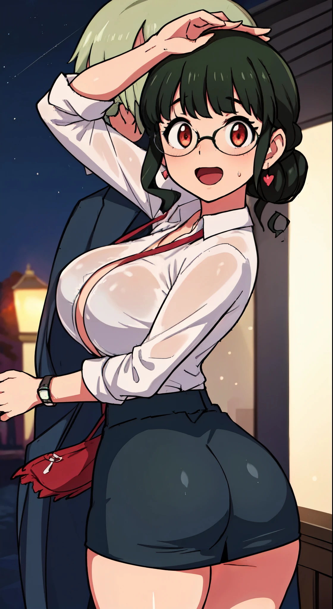 (Cl○se、16k、highest quality、high detail、Rich skin details)、(((nfsw)))、Office Lady、adult w○men、Watch anywhere、○bedience、((huge breasts))、((○besity))、red eyes、:d、((((surprised))))、((blushed))、((embarrassing))、Wet、((big ass))、white shirt、black pencil skirt、very big thighs、arm behind head、short hair、light blue panties、fuck from behind、Rear view、back、(((Skirt can be rolled up)))、(((Panchira)))、office room at night、huge breasts、glasses、black hair、Are standing、(1 w○man)