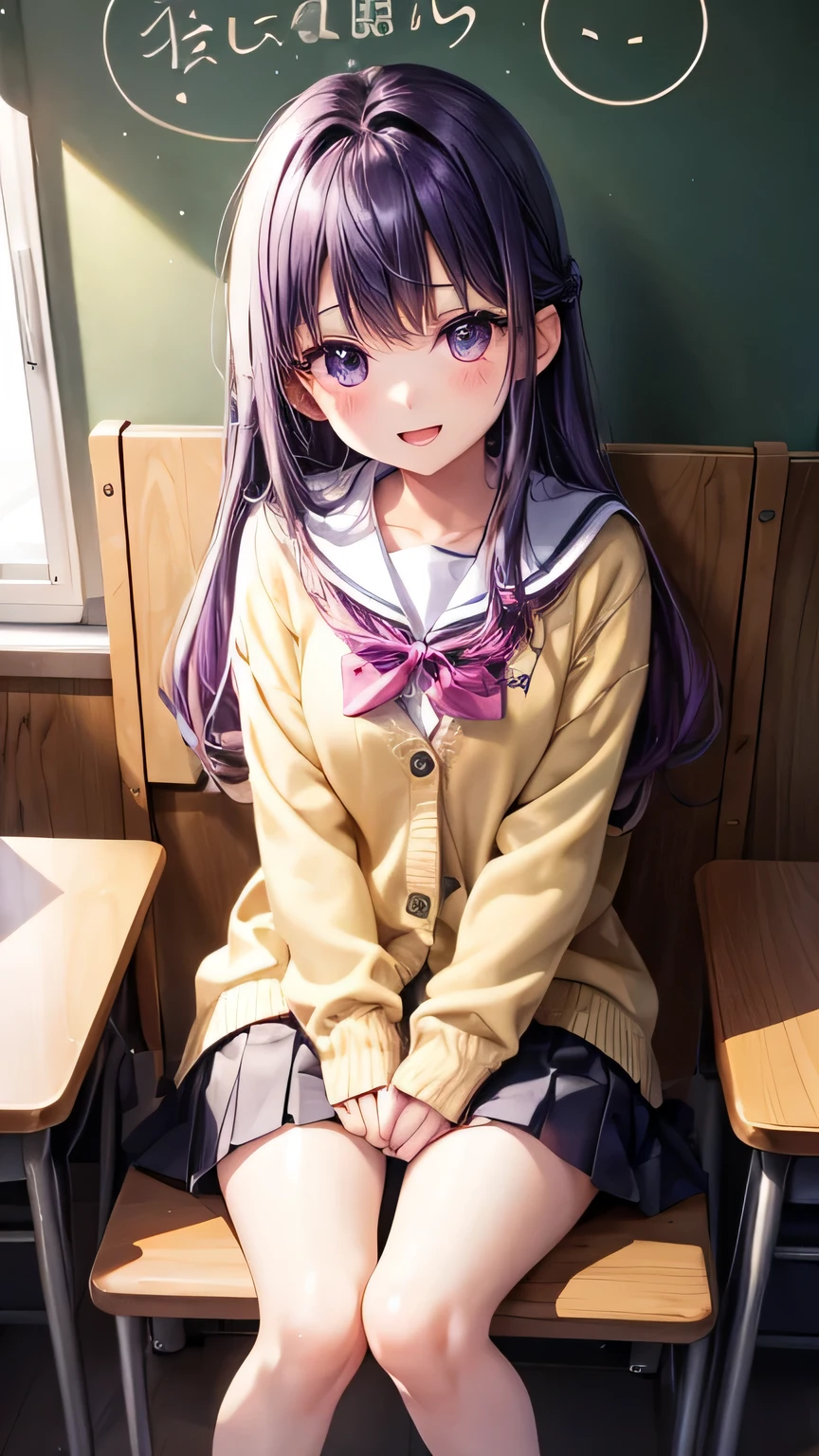 very cute girl、、purple hair、Fluffy semi-long hair、、purple eyes、big eyes、droopy eyes、cute eyes、(yellow cardigan)、the front of the cardigan is open、(white school uniform)、(black skirt、(16 years old、slim and beautiful legs、Super high quality、full body shot、classroom、sitting in a chair、smile、open your mouth