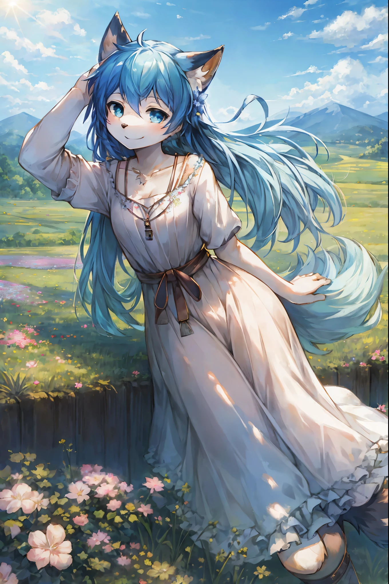 anime key visual, highres, High-quality illustrations, unparalleled masterpiece(movie of life)nature inspired imagery, romanticized views, lively illustrations, whimsical cartoonish, farm, Blue sky, clouds, florals Beautiful garden(furry anthro, solo, girl, casual fashion, Relux pose, Smile)absurdres, perfect anatomy, caustics, cinematic lighting, lens flare, deep shadow, dynamic angle,