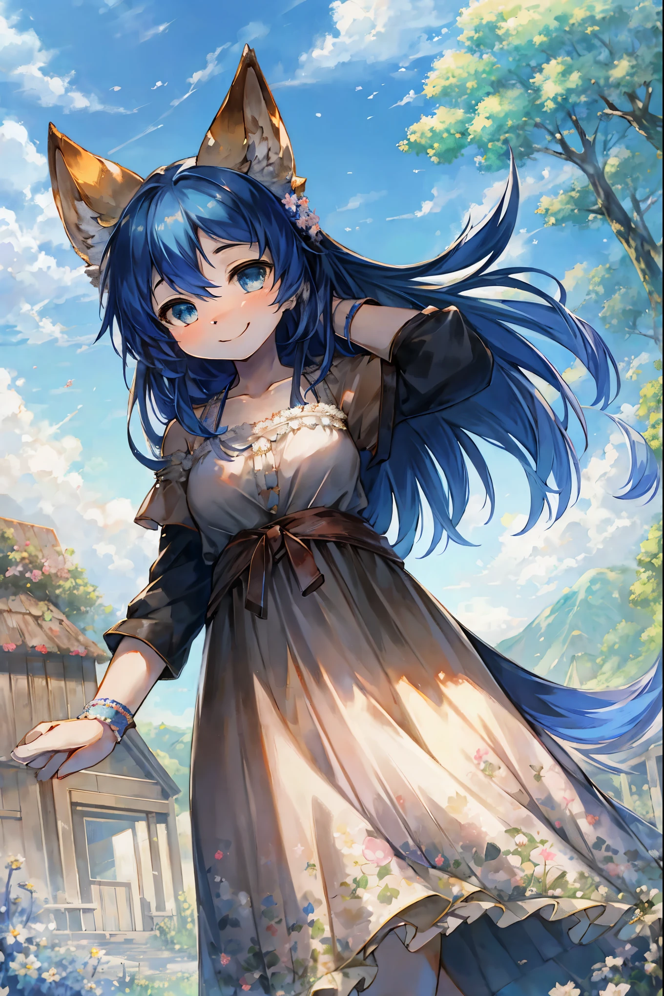 anime key visual, highres, High-quality illustrations, unparalleled masterpiece(movie of life)nature inspired imagery, romanticized views, lively illustrations, whimsical cartoonish, farm, Blue sky, clouds, florals Beautiful garden(furry anthro, solo, girl, casual fashion, Relux pose, Smile)absurdres, perfect anatomy, caustics, cinematic lighting, lens flare, deep shadow, dynamic angle,