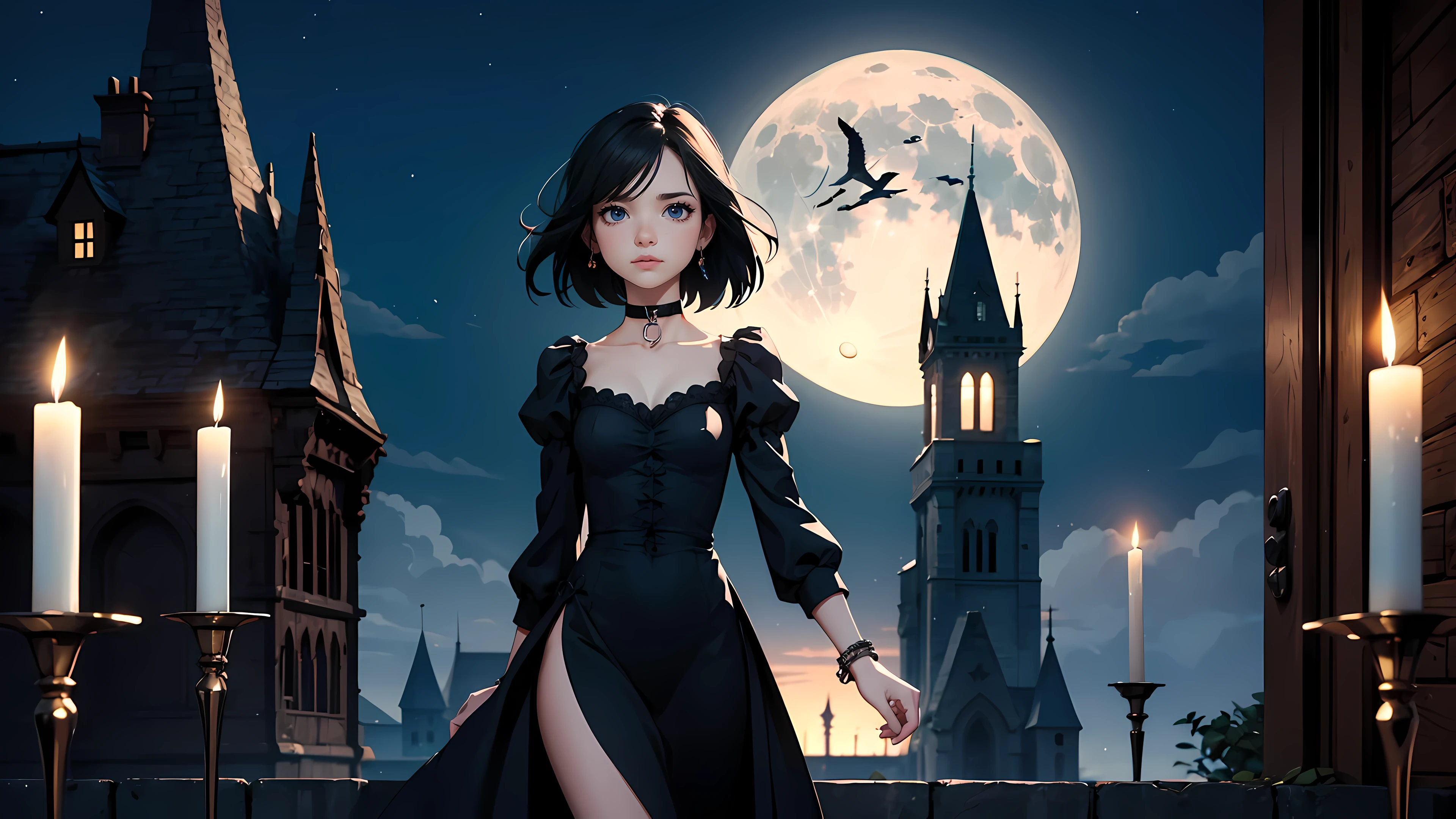 ((1girl)), long black hair, choker collar, bracelets, Victorian style long black dress, standing, dramatic pose, cowboy shot, gothic castle, night, nighttime, one moon, moonlight, candles, candlelight, dramatic lighting, cinematic lighting,