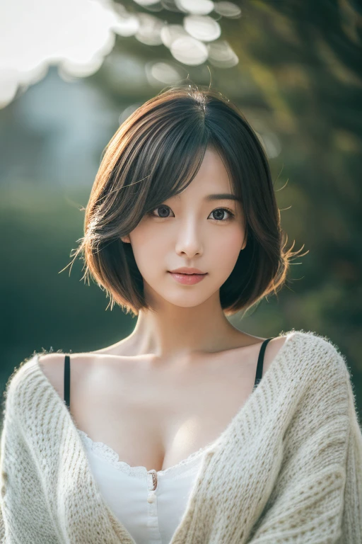 ((highest quality, 8K, masterpiece: 1.3)), woman (full body portrait, front, Wearing a long sweater, cleavage), seabird, Catch Pose, overhead camera, sharp focus: 1.2, cute woman: 1.4, highly detailed face、skin、hair texture, detailed eye, double eyelid, 白いskin, beautiful and delicate nose, かわいい若い日本のwoman, at a dynamic angle, eyeに心地よく、Thought-provoking composition, Emphasize the subject&#39;s hair, eye, words and actions, While creating a melancholy feeling characterized by calm tones and contrast between light and shadow.,
