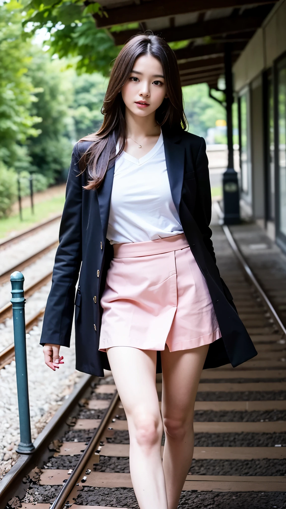 ((best quality)), ((masterpiece)), (detailed), perfect face, very big breasts, ultra high resolution, 8 thousand, perfect body, HUD, Ergonomic, slim legs, small face, long eyelashes, Sparkling pink lips, eye for detail, clean skin, blemish-free face, 20 year old woman, 1 woman, I can see your sexy pelvis, ((Please hold the hem of the skirt.:1.4)), brown wavy long hair, realistic, Highly Detailed CG Integrated 8 thousand Dendenden Wallpapers, Detail, High quality RAW color photos, professional photography, (8 thousand, RAW photos, best quality:1.2), under the blue sky, puffy clouds, very long railway, Gacha-gil, iron tracks on sleepers, ((Beautiful woman walking on the railway)), wearing sandals, V open t-shirt, short tailored jacket, jacket, mini skirt, Minidress, (german beautiful girl), German woman, long V-neck T-shirt,