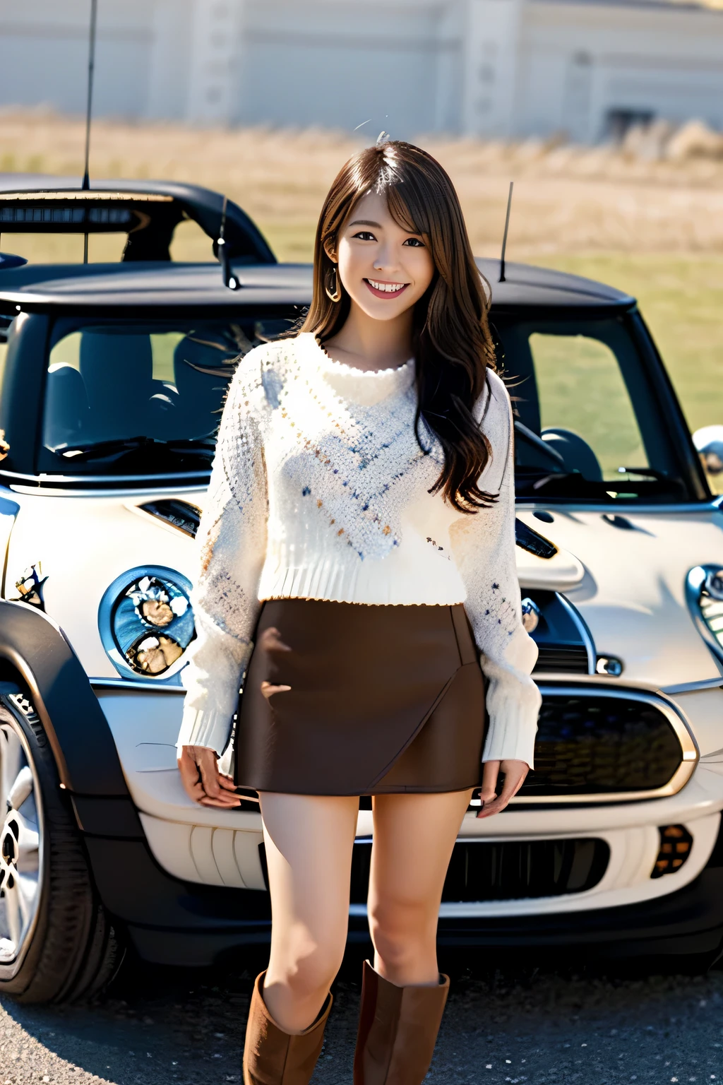 masterpiece, highest quality, Photoreal, Super detailed, finely, High resolution, 8k wallpaper, Professional, Advanced level of detail, ((A 20-year-old posing next to a sports car:1.2)), slender Japanese woman,, detailed clavicle, Medium chest、(perfect beautiful face:1.5), Front facing、((White sweater and black mini skirt:1.5)), (chestnut hair、1.8)、(black long boots:1.2)、cute face、(gentle smile:1.5)、(full body shot:1.5)、(brown skin:1.5)