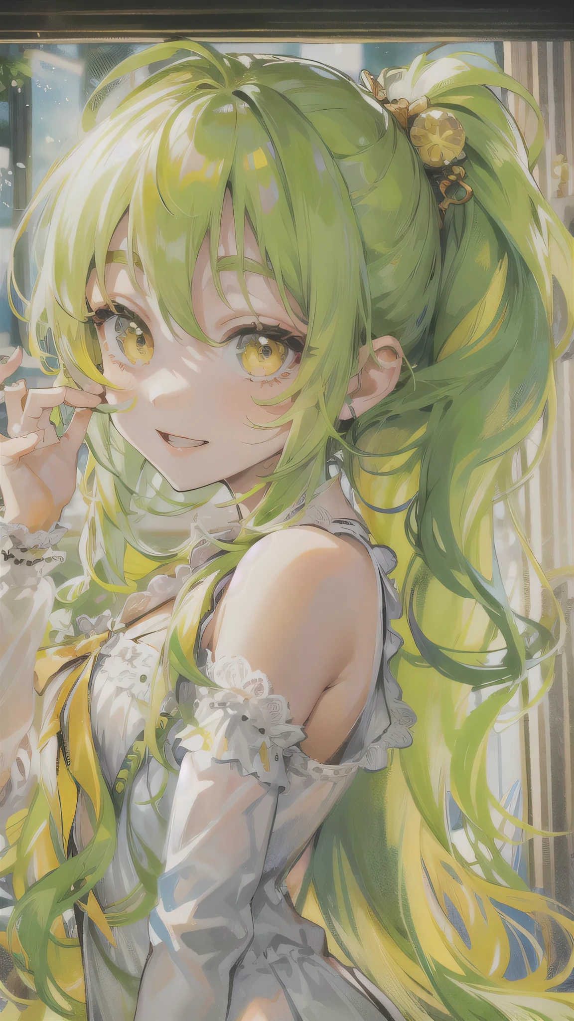 perfect anatomy, masterpiece:1.4, best quality, 8k, beautiful detailed grow, daydreaming expression, frontale (solo ponytail green hair long hair cute girl, *****, cute yellow eyes, cute smile), break, in a  yellow one-piece witj frills, in the Entrance.