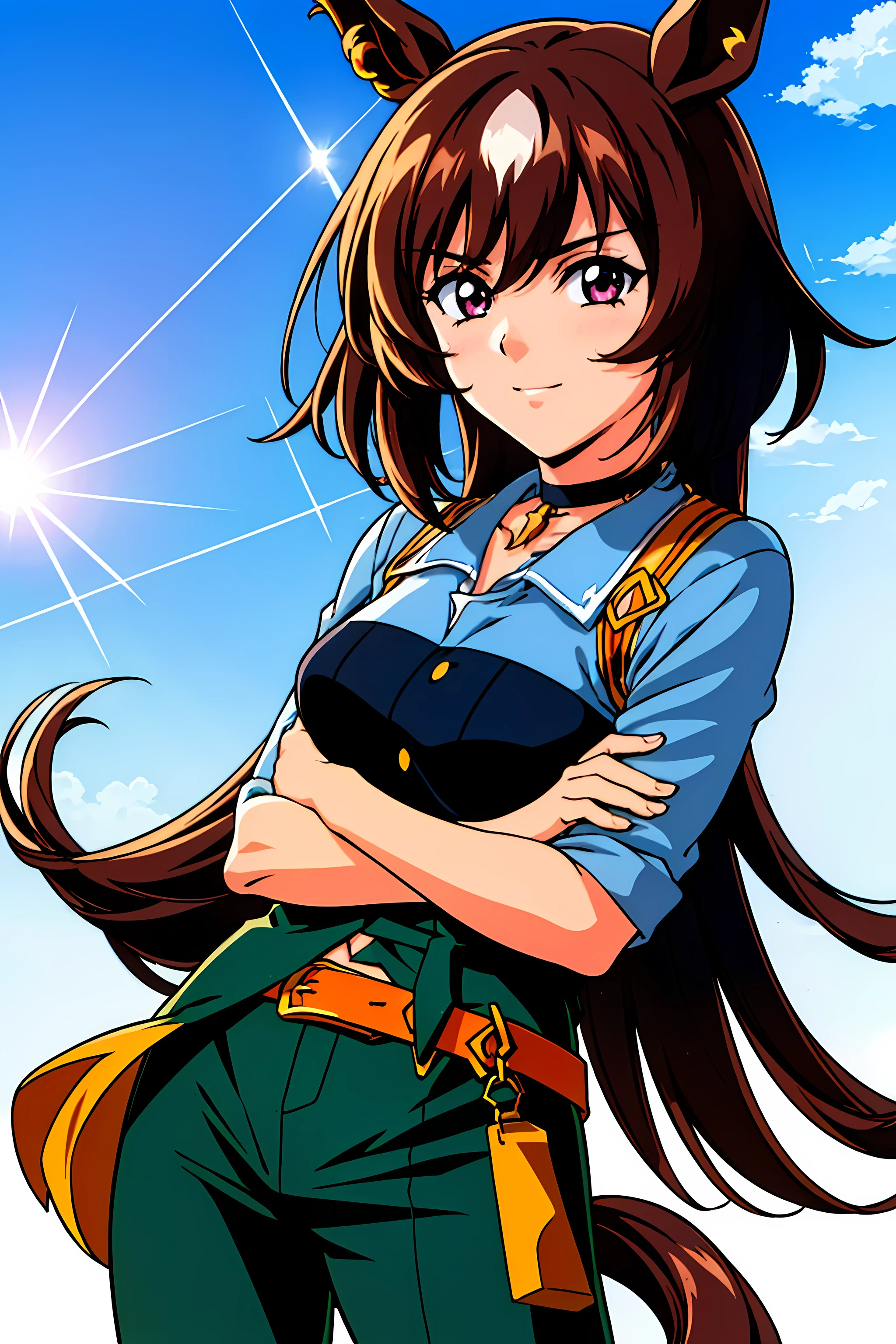 (highest quality:1.3),(ultra-be familiar with:1.5),High resolution,extremely be familiar with CG,unity 8k wallpaper,official art,be familiar with,super be familiar with skin,perfect anatomy,beautiful be familiar with eyes,(anime screenshot:1.11),very delicate and beautiful,(90s anime,90s anime style,cel shaded anime:1.17),1 girl,alone,anmnr, ((sirius symboli:1.52)),(horse ears, horse tail,green jacket, collared shirt, fingerless gloves, green pants, choker, belt:1.17),I furrowed my brow., (shining eyes),blends well with the eye,blends well with the eye,focus of the eye,(Carefully crafted brilliance, sky blue lens flare:1.7),(expression of joy:1.51),octane rendering,rain弓 paint drop,Woman made of paint,Full Paint,(movie background),splat,splash,dark and blurry background,close,(best writing, very delicate and beautiful),Detailed beautiful shine,(soft light:1.2),(soft money tone lighting),Warm and soft lighting,dramatic light,((cinematic light)),ambient occlusion,ambient light,violently,powerful,Absolutely eye-catching splashes of color,((caustic)),raytraced reflections,light shines,waiting for happiness to begin,smile,(stand in an open stance:1.1), (crossed arms:1.1),