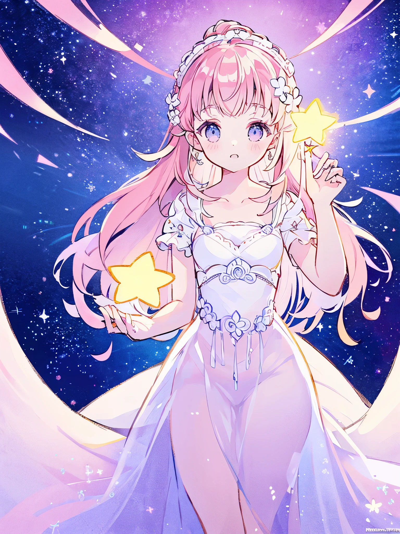 complex background, wishing star background, a woman wearing an ethereal mystical pink translucent dress that reflects the stars, perfume promo art, mystic, complex drawing, highly detailed, Covergirl brand, promo art, artistic rendition, ethereal, starry night, midjourney style