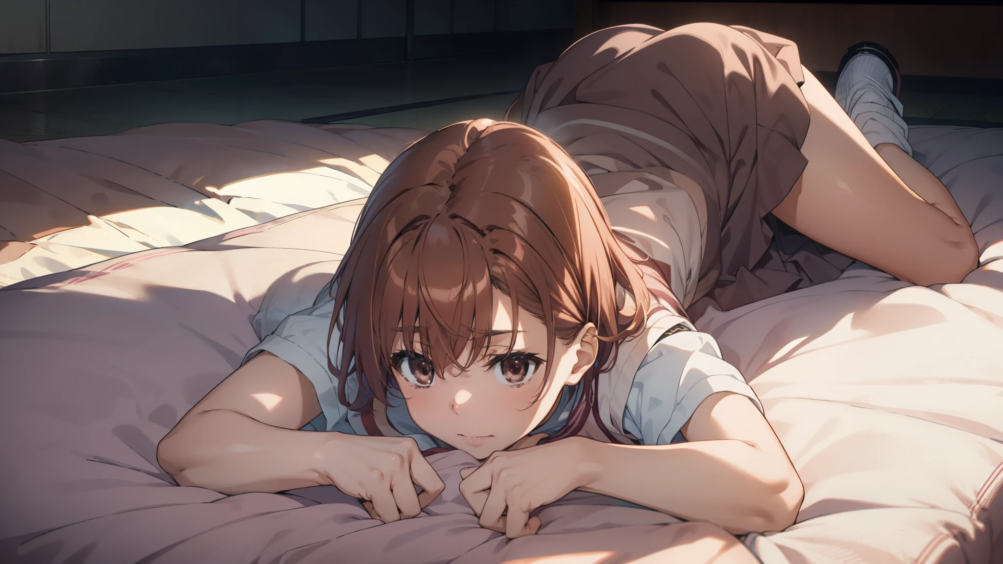 Misaka Mikoto、clear image、highest quality、8K、brown hair、Asymmetrical berry shorthair、hairpin、Tokiwadai Junior High School short sleeve uniform、School、Sleeping on your stomach、bend the body、raise your butt up