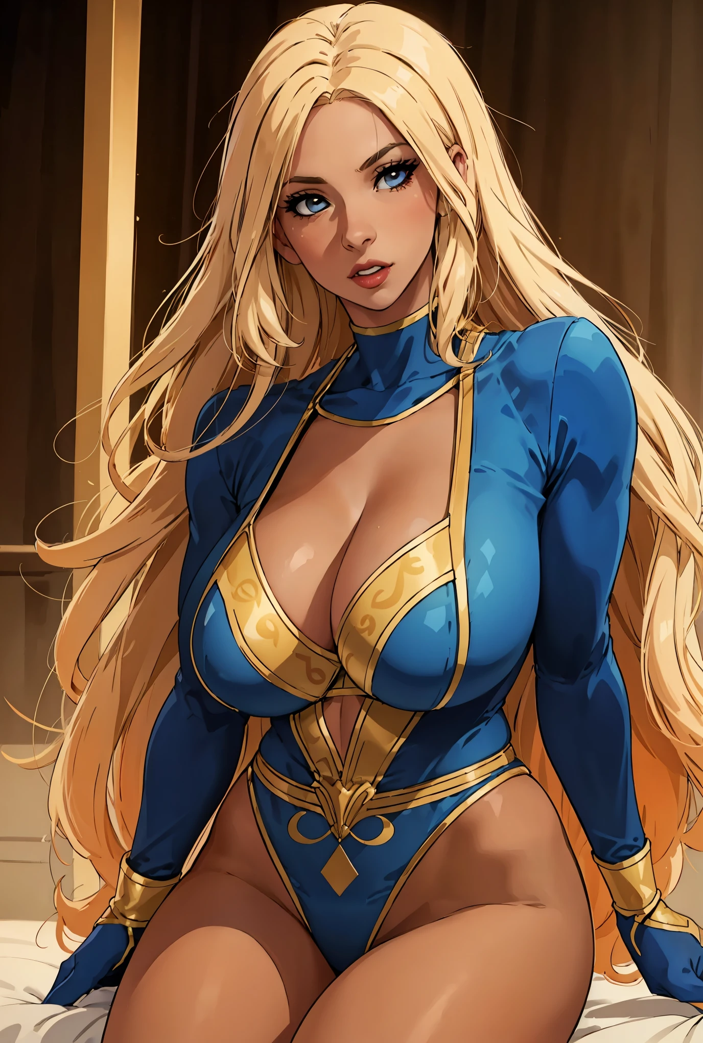 (light skin:1.1, thick thighs:1.1, huge breasts:1.1) afro, (tight:0.9) orange button down, 70s clothes anime superhero attire, holding a (kitana:1.1), (best quality:1.2), ultra-detailed, (realistic:1.37), portraits, vibrant colors, warm tones, soft lighting