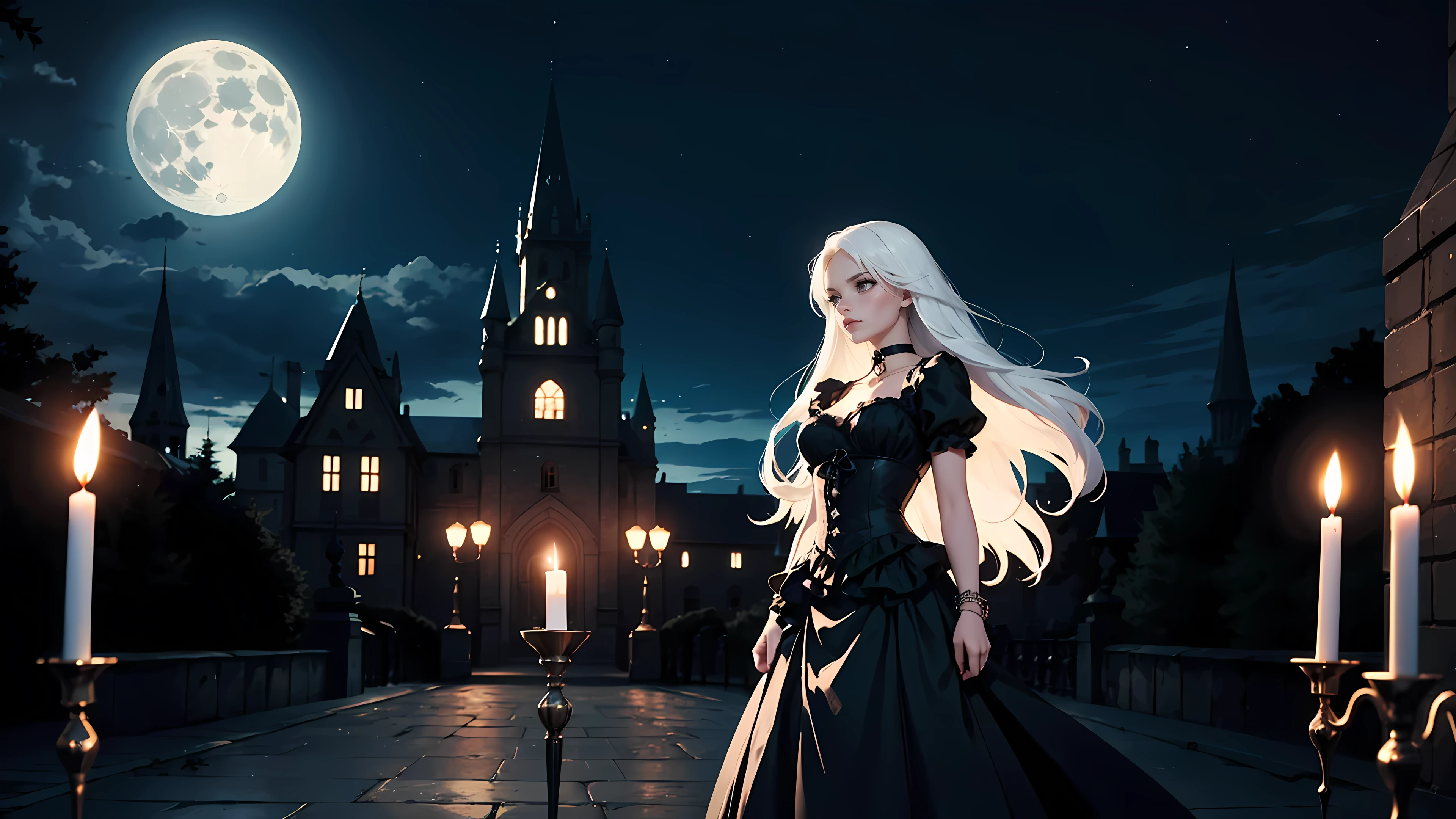 ((1girl)), long white hair, choker collar, bracelets, Victorian style long black dress, standing, dramatic pose, cowboy shot, gothic castle, night, nighttime, one moon, moonlight, candles, candlelight, dramatic lighting, cinematic lighting, 