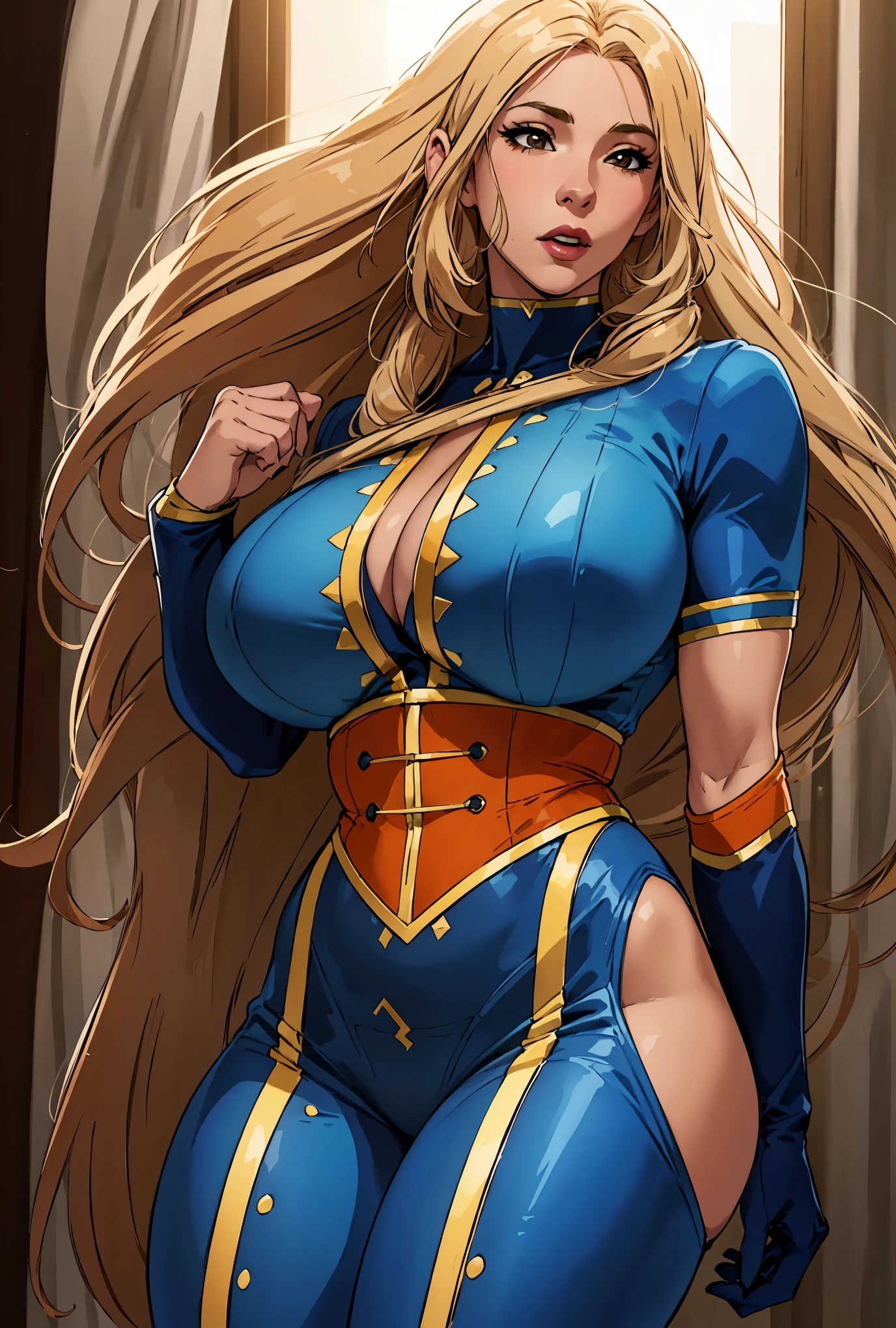 (light skin:1.1, thick thighs:1.1, huge breasts:1.1) afro, (tight:0.9) orange button down, 70s clothes anime superhero attire, holding a (kitana:1.1), (best quality:1.2), ultra-detailed, (realistic:1.37), portraits, vibrant colors, warm tones, soft lighting