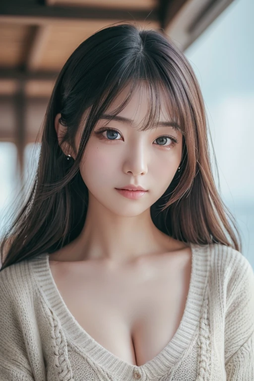 ((highest quality, 8K, masterpiece: 1.3)), woman (full body portrait, front, Wearing a long sweater, cleavage), seabird, Catch Pose, overhead camera, sharp focus: 1.2, cute woman: 1.4, (((hairstyle random)), highly detailed face、skin、hair texture, detailed eye, double eyelid, 白いskin, beautiful and delicate nose, かわいい若い日本のwoman, 28 years old, at a dynamic angle, eyeに心地よく、Thought-provoking composition, Emphasize the subject's hair, eye, words and actions, While creating a melancholy feeling characterized by calm tones and contrast between light and shadow.,