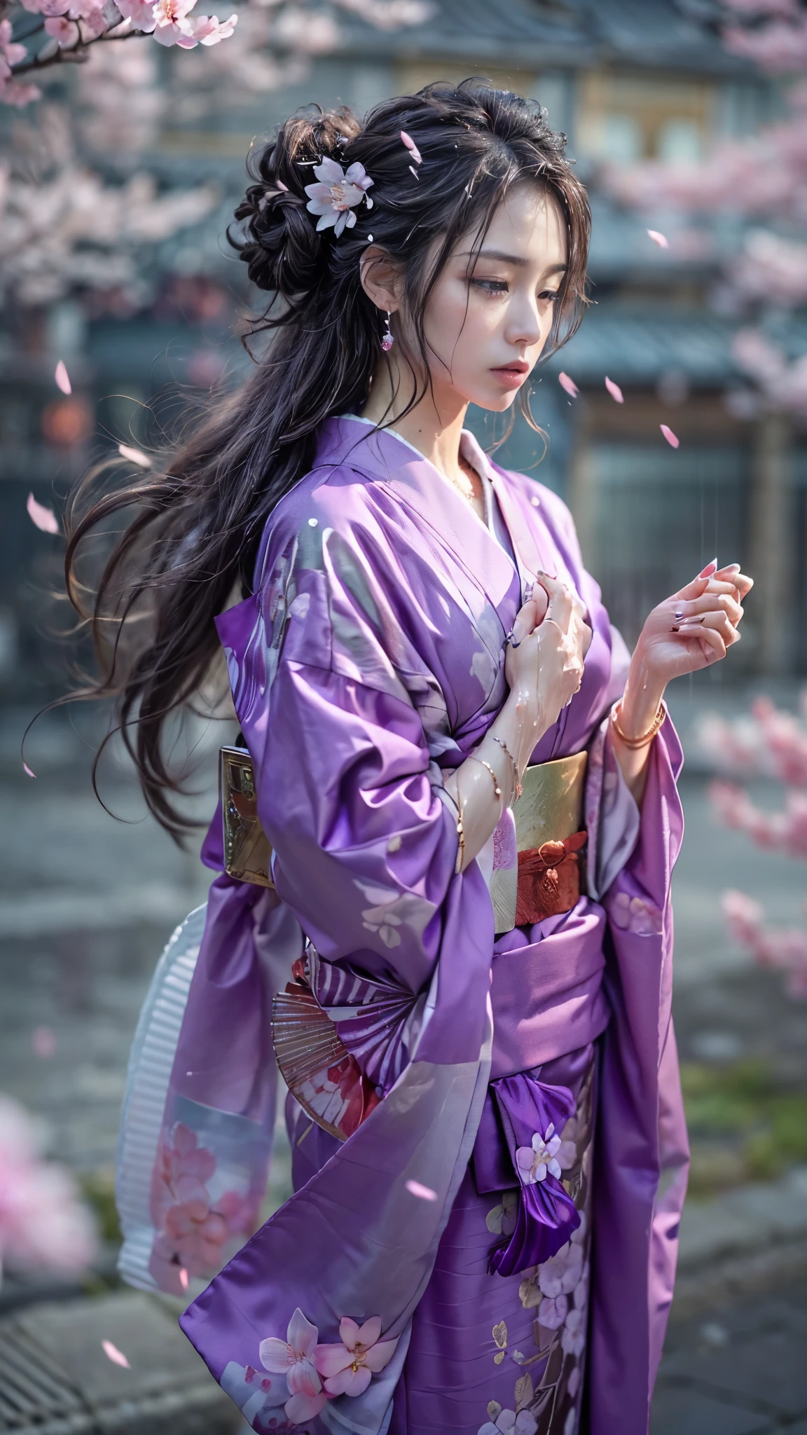 (RAW shooting, Photoreal:1.5, 8K, highest quality, masterpiece, ultra high resolution), ((((after the rain, Rows of cherry blossom trees at night))), Highly detailed skin and facial textures:1.3, perfect dynamic composition:1.2, (In front of a shrine at night in a modern city, expression of sadness:1.0, Tears are flowing:1.0, cry with a broken heart:1.0), Slim office lady wet in the rain:1.3, cowboy shot, Fair skin:1.2, sexy beauty:1.1, perfect style:1.2, beautiful and aesthetic:1.1, very beautiful face:1.2, water droplets on the skin, (rain drips all over my body:1.2, wet body:1.2, wet hair:1.3), (Professional kimono dressing:1.1, Holding a bouquet of wet cherry blossoms:1.2, Wear a wet light purple kimono correctly:1.3), (Medium chest, Bra is sheer, Chest gap),  (Eyes that feel beautiful eros:0.8, Too erotic:0.8, Bewitching:0.8), necklace, earrings, bracelet, wedding ring, Highly detailed hand and finger expressions