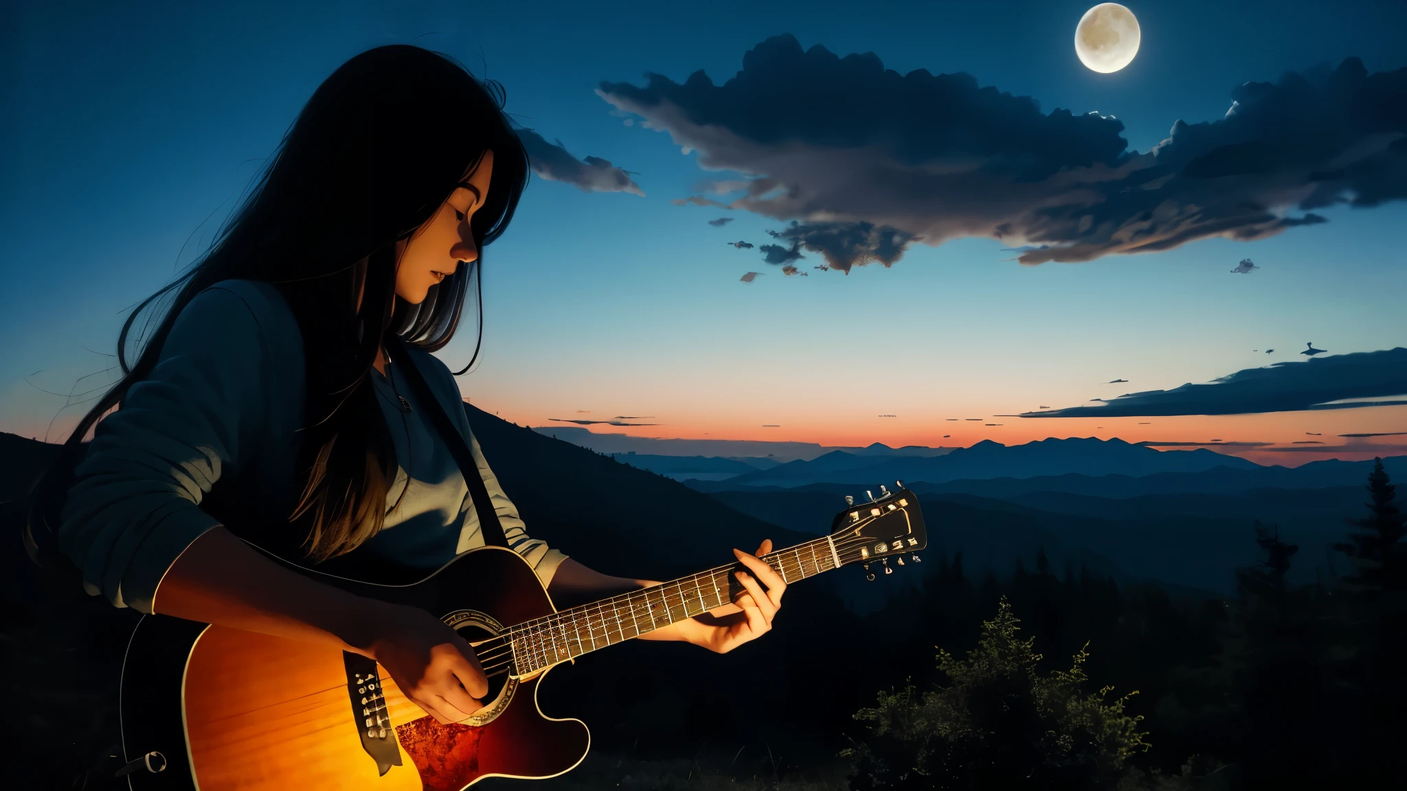 masterpiece, highest quality, night, wilderness, cloud, full moon, long hair, woman, silhouette, play the guitar.