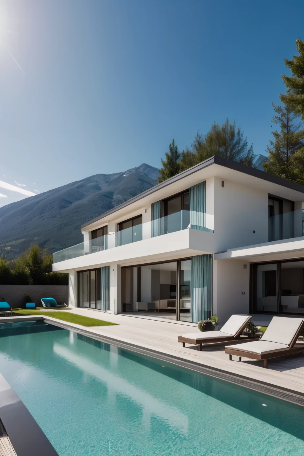 best quality, 8K, high resolution, photo ultra réaliste, very high quality, intricate details, summer, extérieur Very detailed, image nette, diffused and bright light, Concept de maison moderne avec piscine entourée de montagnes, in the style of dark white and teal, reflective surfaces, Portraits riches, un art intemporel, 1970–present, Very detailed, sharpness . rendu d'octane, Very detailed, volumetic, Photo in natural light, Canon 85L,