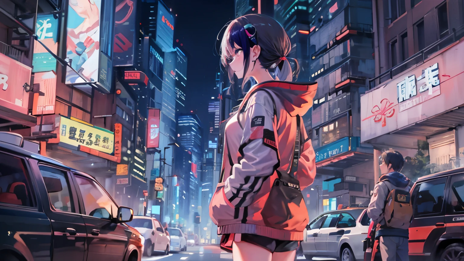 masterpiece,Anime-style illustration showing a young woman in her 20s wearing a futuristic plunging outfit, facing right, Stand in the middle of the street in a cyberpunk nightlife district. sheはピンクがかった黒髪の長い髪を持っています、Wearing pink glowing headphones. big breasts、she&#39;You are still looking up at the starry sky, but、sheの視線と体はフレームの右側を向いています. The scene should be lively., Reflects a cyberpunk aesthetic, ネオンと未来的な建物がsheを取り囲んでいます. The hustle and bustle of the city continues, but、sheは&#39;Peace amidst chaos, Immerse yourself in the sights and sounds of the night. In the image、Must capture the calm sky above and the vibrant urban environment。, sheの新しい方向性を強調する.
