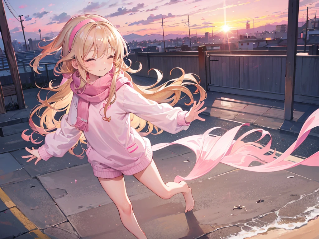 a cute 6 year old church girl named Anna, both brownish blonde hair, long wavy hair, pink white sweater, scarf, no pants, wearing a pink hairband, on a jog, eyes closed, sunset, slight smile, wristbands, barefoot, joyful, energetic 