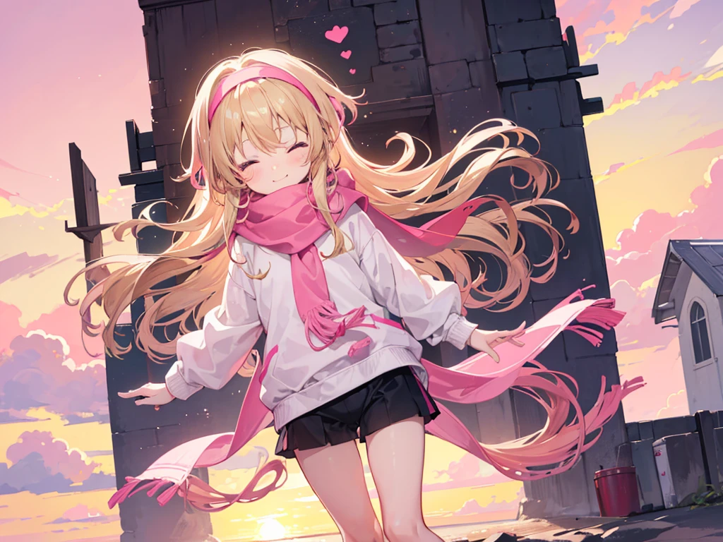 a cute 6 year old church girl named Anna, both brownish blonde hair, long wavy hair, pink white sweater, scarf, no pants, wearing a pink hairband, on a jog, eyes closed, sunset, slight smile, wristbands, barefoot, joyful, energetic 