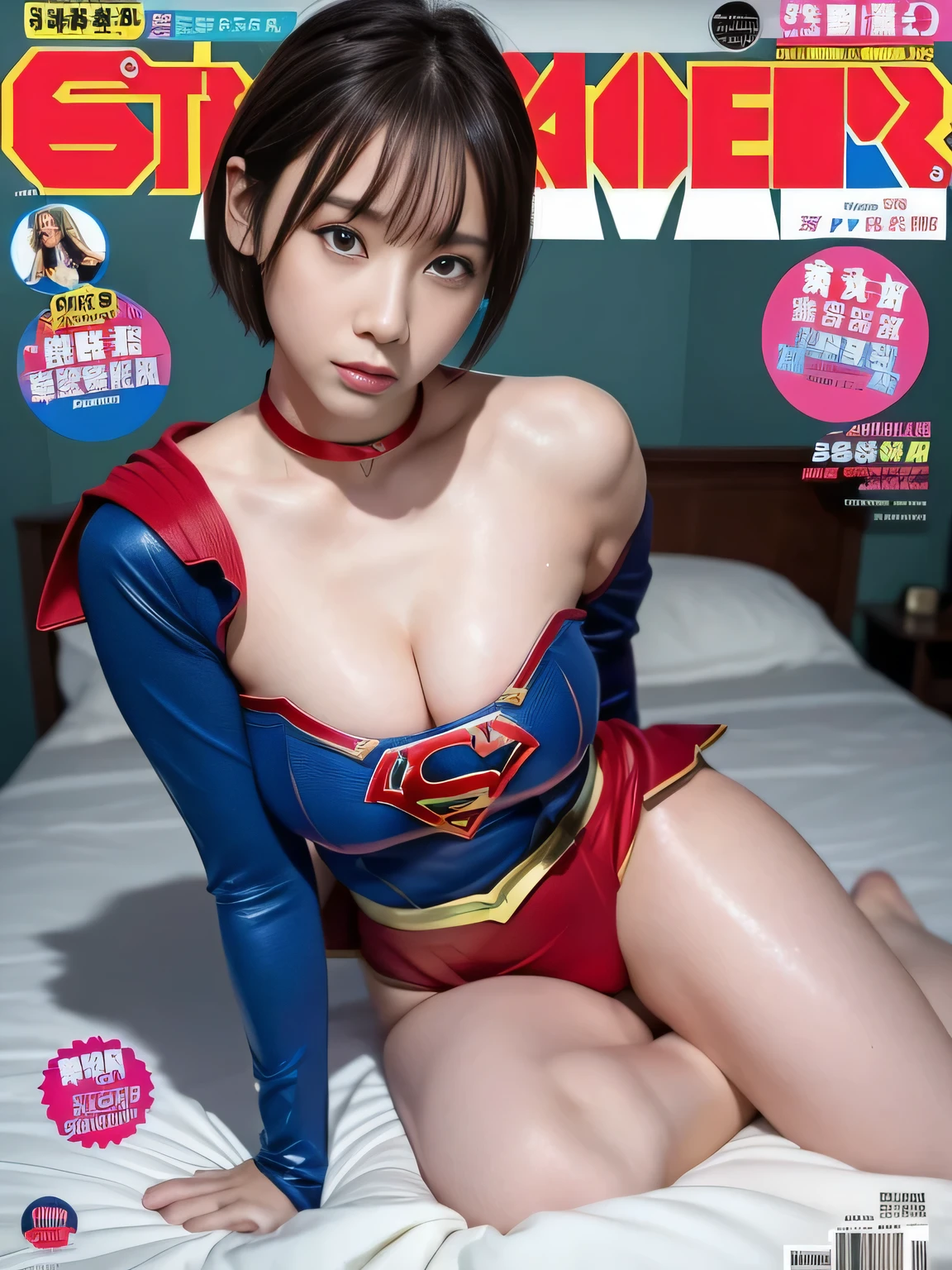 masterpiece、supergirl costume、short hair、barefoot、big and full breasts、In the middle of masturbating on the bed、Sexy pose to seduce、model body shape、shiny、looking at camera、choker、long sleeve、red mini skirt、Weekly magazine cover、gravure magazine、sweaty、Exciting、off shoulder、sweaty、