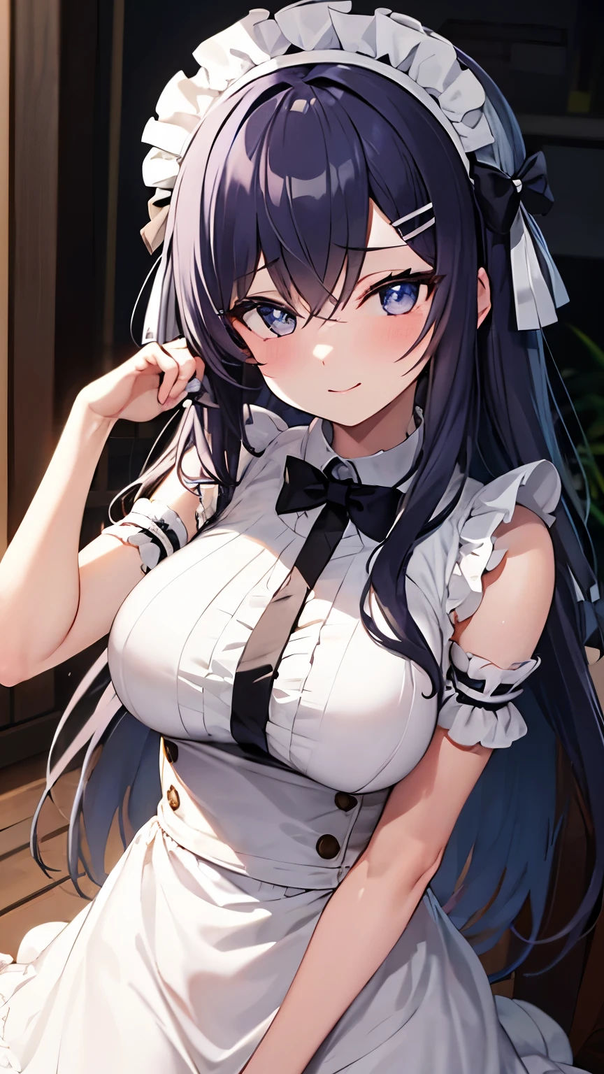 dark blue hair, hair behind ear, expressive hair, hairclip, symbol-shaped pupils, seductive smile, anime style, best quality, high details, super detail, textured skin, beautiful girl, maid with long white hair, She wears a cute costume with frills. 