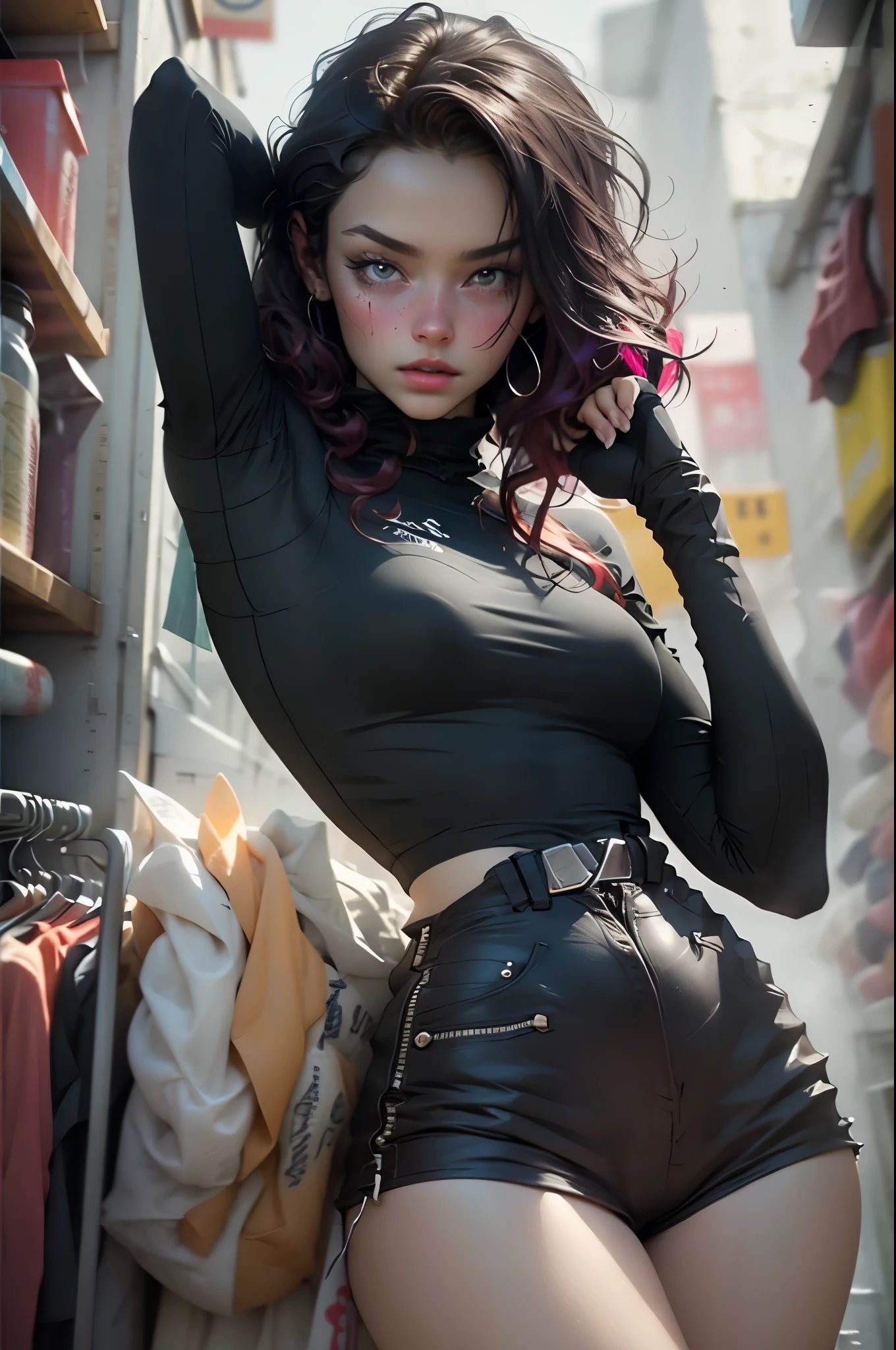 motor irreal:1.4,CG K ultra realista, fotorrealista:1.4, textura de la piel:1.4, obra maestra:1.4, pose dinamica, hermosa mujer joven cabello negro largo sombrero baquero con adornos、Ropa corta estilo cyberpunk color rojo y negro, pantimedias red negras, bright red leather shorts, botas de cuero negro altas32k 