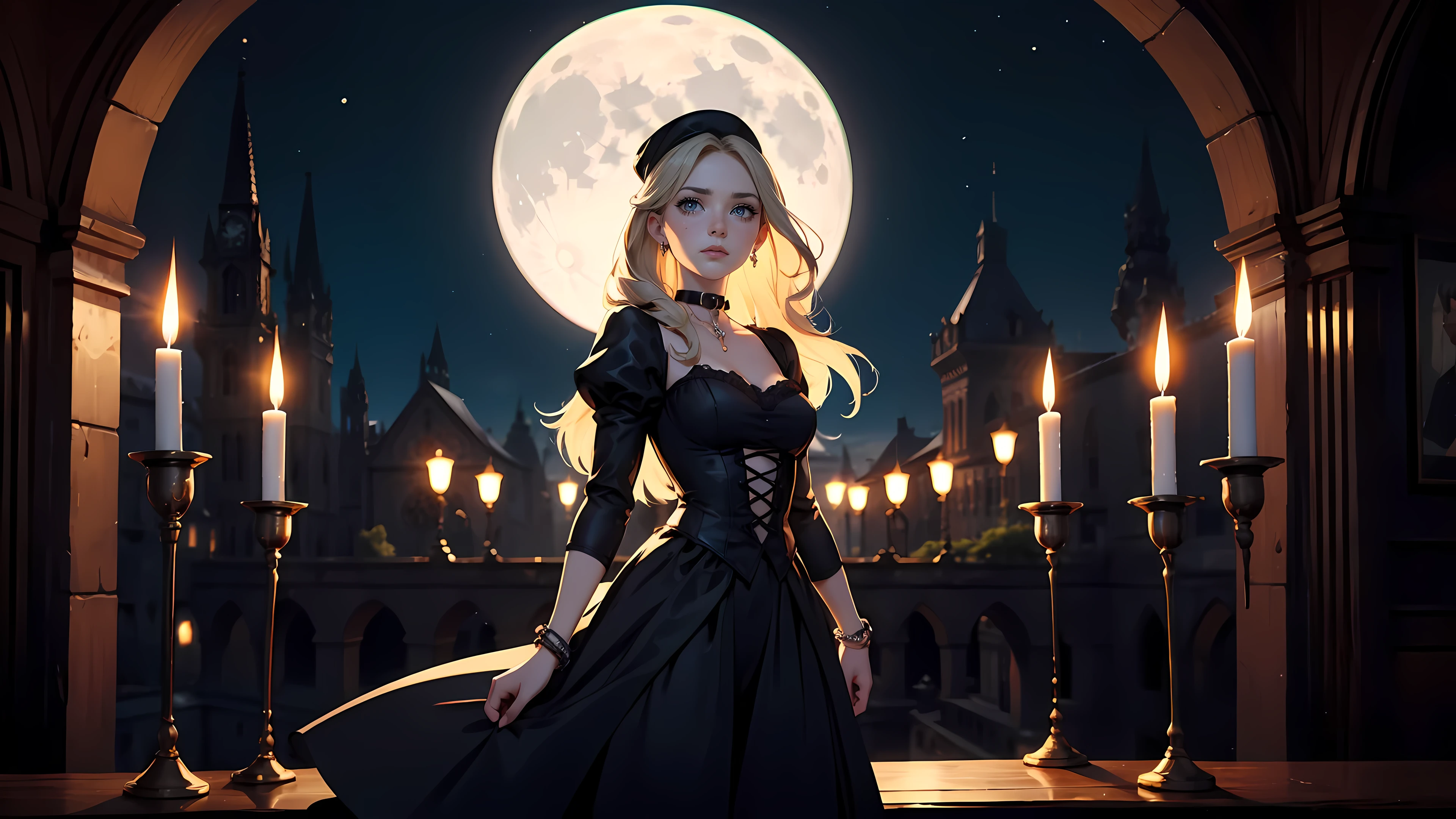 ((1girl)), long blonde hair, choker collar, bracelets, Victorian style long black dress, standing, dramatic pose, cowboy shot, gothic castle, night, nighttime, one moon, moonlight, candles, candlelight, dramatic lighting, cinematic lighting, 