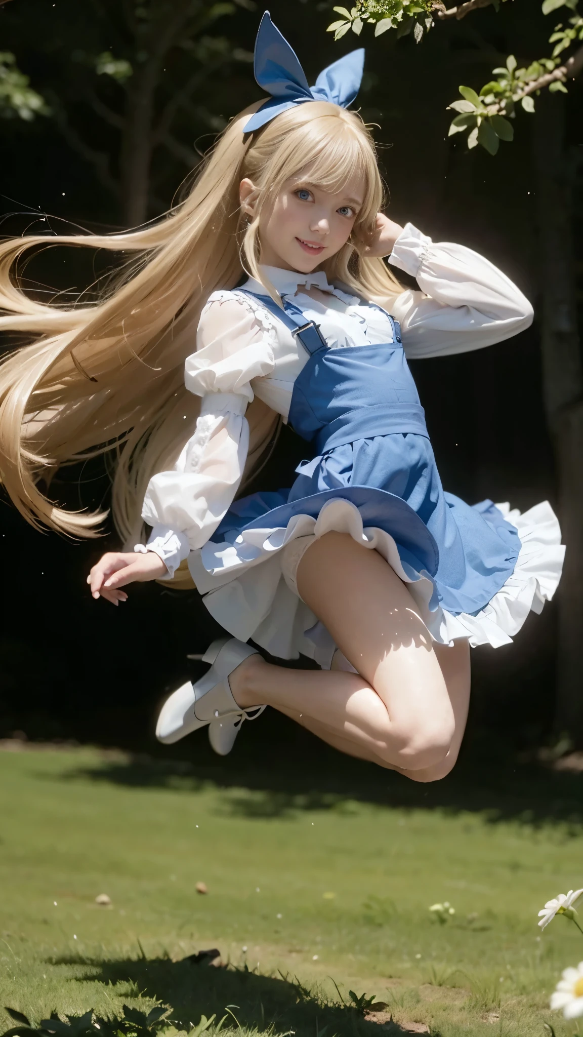 ultra high resolution, highest quality, Improvement of quality, super detailed, accurate color, one person, ((The world of Alice in Wonderland, Stroll around the castle)), (Alice's Costume:1.3、clear:1.3、long sleeve), (Fashionable shoes:1.3), (cute hair ribbon:1.4)、(cute face:1.3), (detailed face), (small breasts:1.3)、perfect style, white skin, long straight hair, (bright blonde:1.3), (The strong wind makes my skirt and silky hair fly in the air, defying gravity.)、(nffsw++:1.10), RAW photo, beautiful lighting of nature, (Panty shot:1.5)、(looking at the camera:1.5)、(Beautifully shaped butt:1.3)、(blue eyes:1.3)、(Moisturizing lips:1.3)、(modest smile)、(correct anatomy:1.3)、(detailed hands:1.3)、(detailed feet:1.5)、(A shining god floating in space々new particles:1.5)