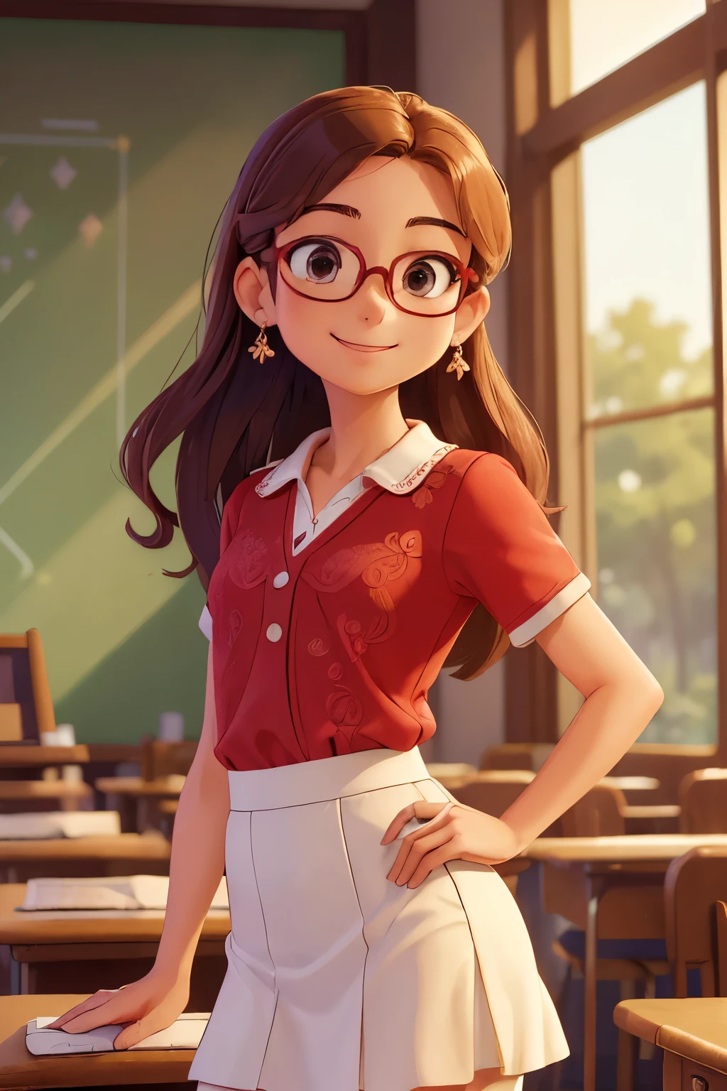 (A small chest:1.3),(Masterpiece, Best quality:1.4), (Beautiful, Aesthetic, Perfect, Delicate, Intricate:1.2),((Best quality)), ((Masterpiece)), (Detailed),(A high resolution:1.2), Classroom, An adult female, Smiling Claudia Chever, Red shirt, White skirt, Glasses, Bend over, angle of view,