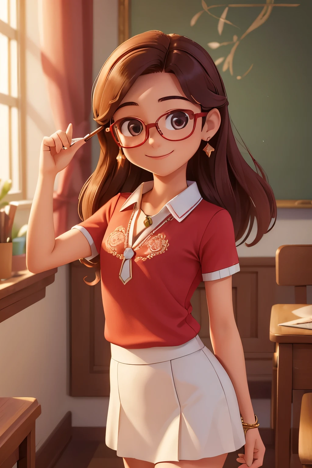 (A small chest:1.3),(Masterpiece, Best quality:1.4), (Beautiful, Aesthetic, Perfect, Delicate, Intricate:1.2),((Best quality)), ((Masterpiece)), (Detailed),(A high resolution:1.2), Classroom, An adult female, Smiling Claudia Chever, Red shirt, White skirt, Glasses, Bend over, angle of view,