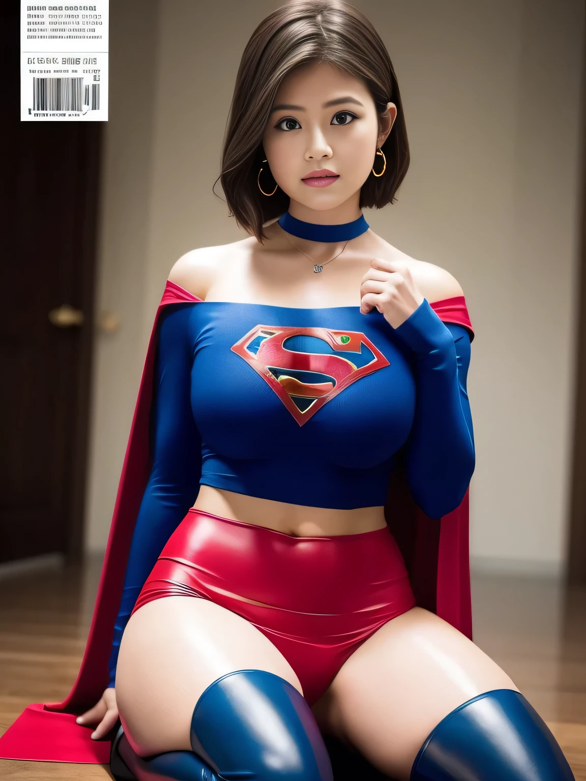 masterpiece、supergirl costume、short hair、enamel boots、big and full breasts、off shoulder、Press conference、Crisis situation、sit down、model body shape、shiny、long sleeve、looking at camera、choker、red mini skirt、Weekly magazine cover、gravure magazine、sweaty、whole body、from right in front、Seduce、sweaty、