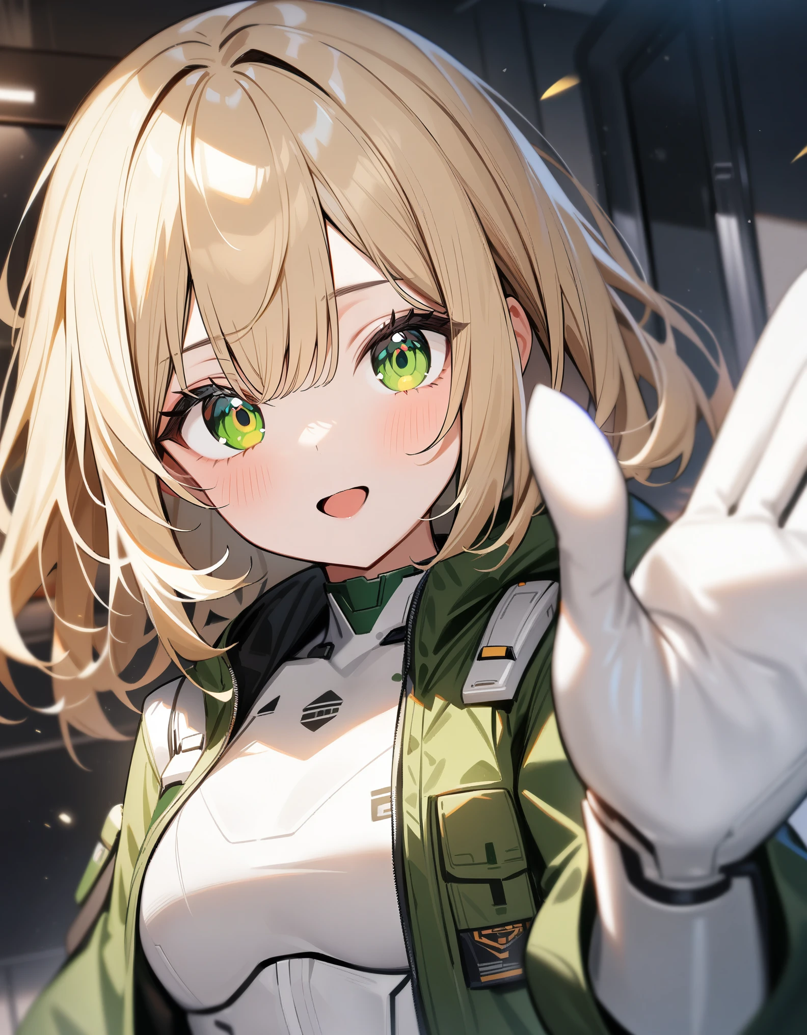 1girl,solo,Sala,original,blonde hair,closed eyes, white body suit,green jacket,in car,lying on back seat,sleeping,night,Science fiction,ultra-detailed,sharp focus,aesthetic,(best quality)