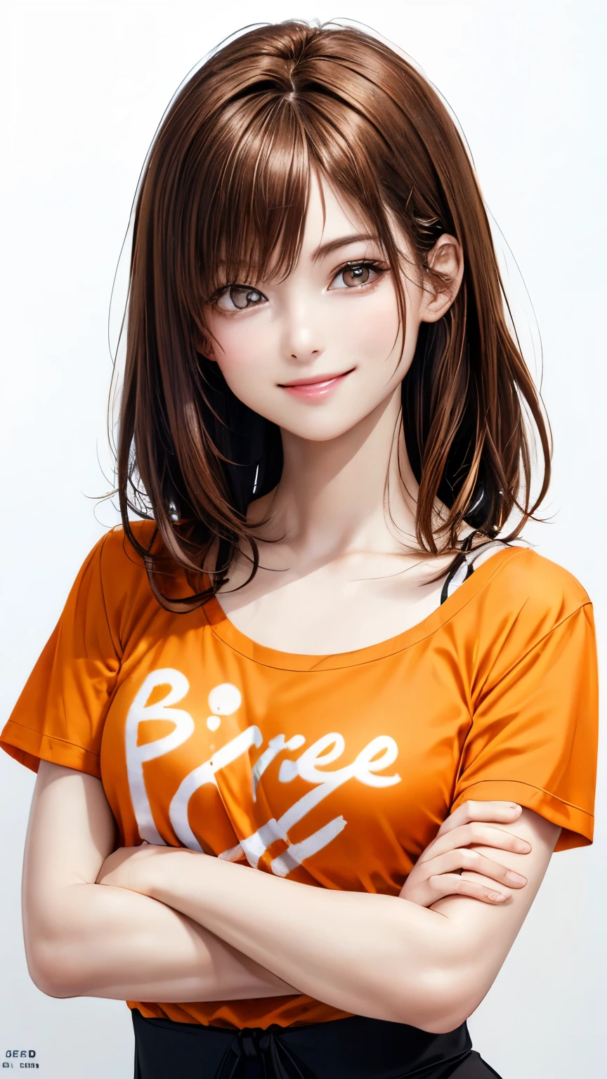 (highest quality、8K、32k、masterpiece)、(realistic)、(Photoreal:1.2)、(High resolution)、Super detailed、very beautiful face and eyes、1 girl、round and small face、thin waist、delicate body、(highest quality、high detail、Rich skin details)、(realistic、realistic:1.37)、bright colors、(((brown hair)))、(((full body shot)))、(((medium hair)))、(((It&#39;s a stylish hairstyle)))、(((pure white wall background)))、(((pure white wall background)))、(((I&#39;m smiling)))、(((wearing an orange T-shirt)))、(((English characters are written on the front of the T-shirt)))、(((brown hair)))、(((Arms crossed in front of the chest)))、(((I'm winking)))