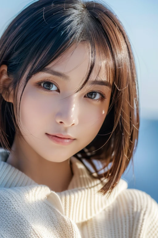 ((highest quality, 8K, masterpiece: 1.3)), woman (full body portrait, front, Wearing a long sweater), seabird, Catch Pose, overhead camera, sharp focus: 1.2, cute woman: 1.4, (((hairstyle random)), highly detailed face、skin、hair texture, detailed eye, double eyelid, 白いskin, beautiful and delicate nose, かわいい若い日本のwoman, 28 years old, at a dynamic angle, eyeに心地よく、Thought-provoking composition, Emphasize the subject's hair, eye, words and actions, While creating a melancholy feeling characterized by calm tones and contrast between light and shadow.,