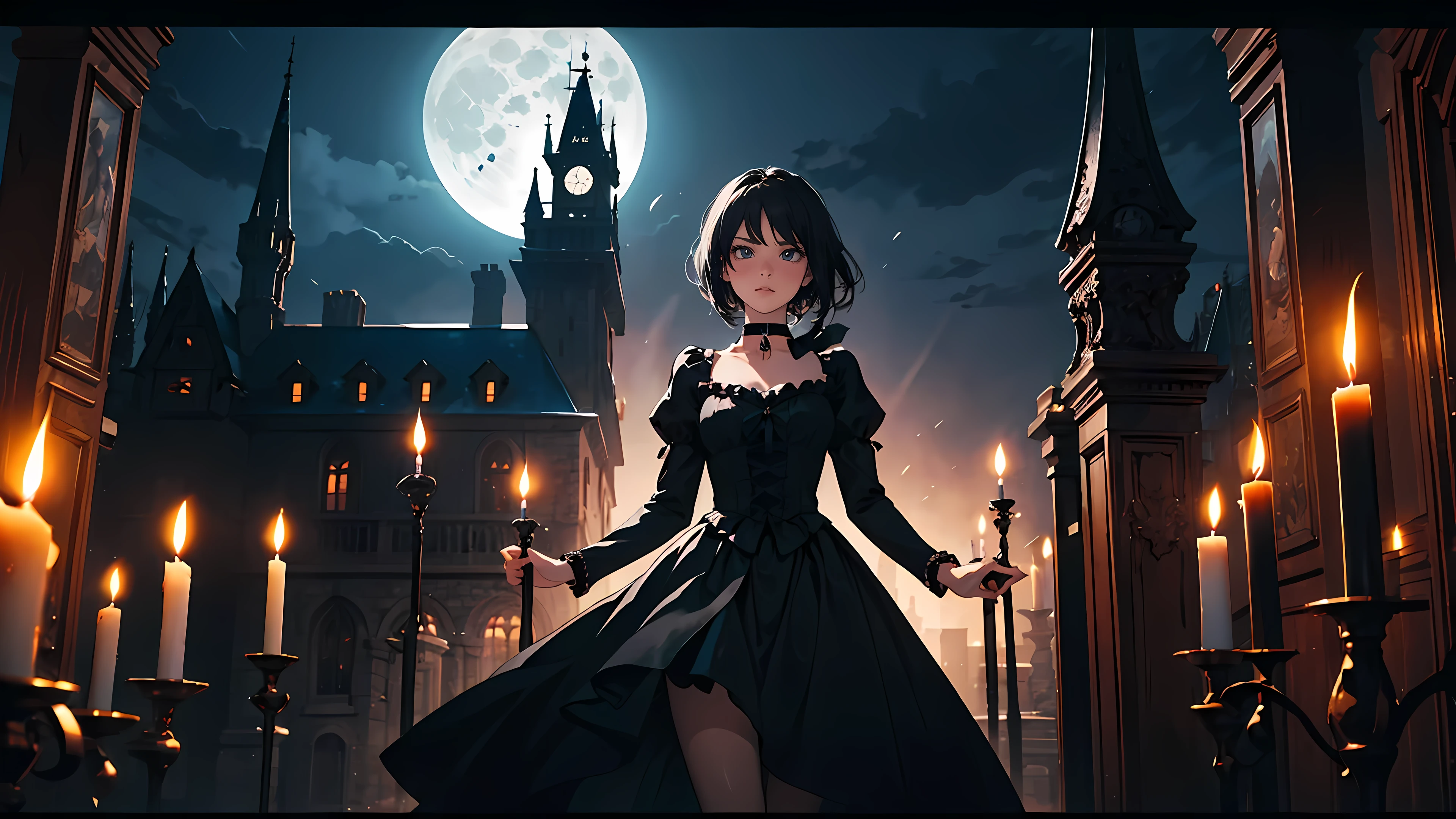 ((1girl)), short black hair, choker collar, bracelets, Victorian style long black dress, standing, dramatic pose, cowboy shot, gothic castle, night, nighttime, one moon, moonlight, candles, candlelight, dramatic lighting, cinematic lighting, 